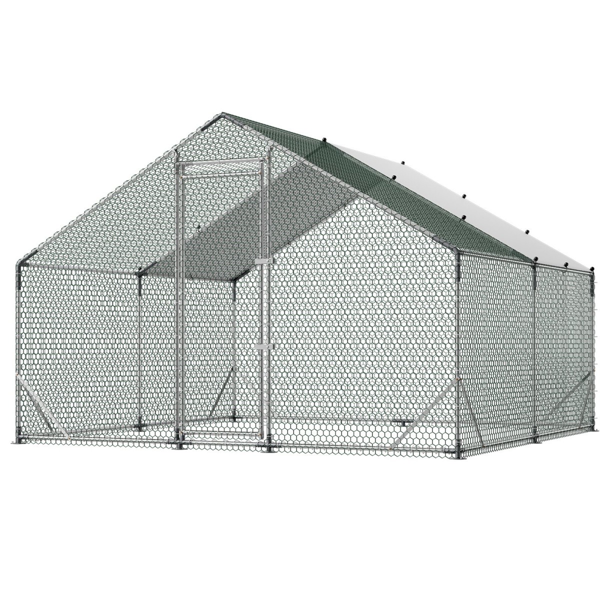 VEVOR Large Metal Chicken Coop, 3 x 3 x 2 m, Walk-in Chicken Run House με αδιάβροχο κάλυμμα και στιβαρό σκελετό, στυλό πάπιας κλουβιού πουλερικών Spire Roof για κουνέλι κοτέτσι, πάπια χήνας, εξωτερική χρήση σε φάρμα πίσω αυλής