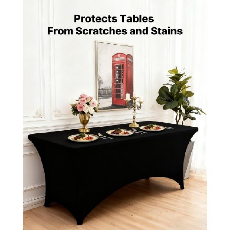 VEVOR 6 Pack Table Cloth for 8FT Rectangular Fitted Events, Wrinkle-Resistant Stretch Black Table Covers, Washable Spandex Tablecloth Protector, for Party, Wedding, Cocktail, Banquet, Festival