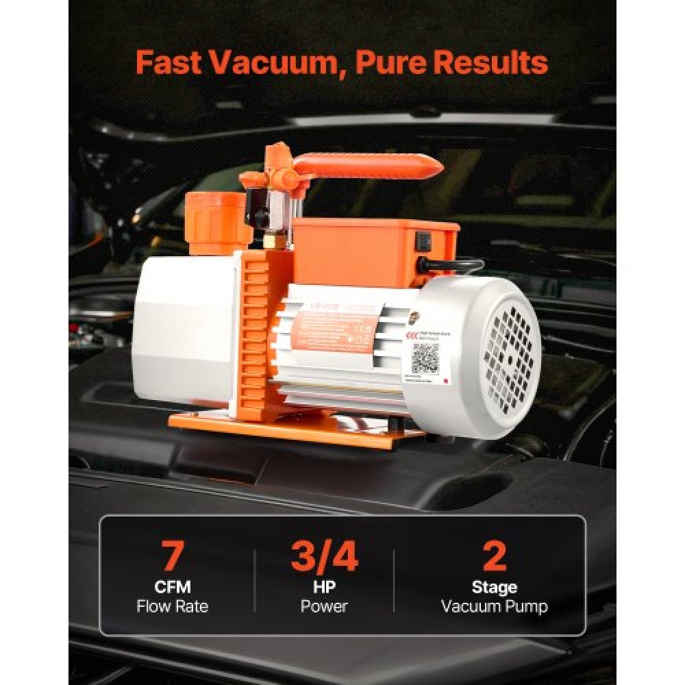 VEVOR Vacuum Pump, 7 CFM 198 L/min, HVAC Two Stage Rotary Vane AC Vacuum Pump, for R134a R22 R410a R1234YF R32, 4 Pole Motor, for Automotive Air Conditioner Maintenance Resin Degassing, Oil Included