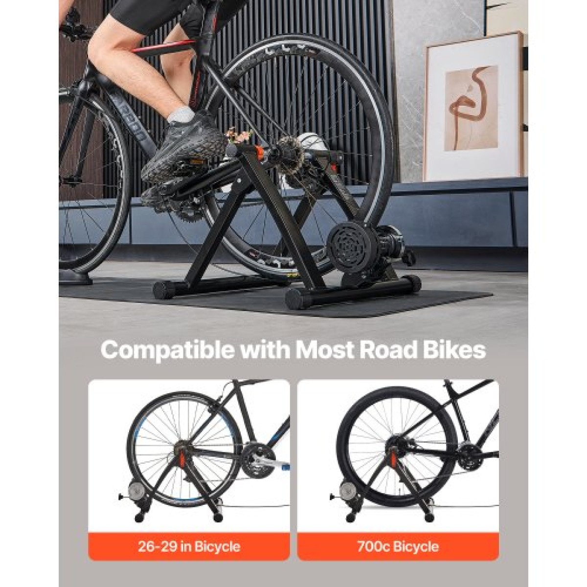 VEVOR Bike Trainer, Αντίσταση 6 Επιπέδων, Τροχοί 660,4-736,6 mm & 700C, Πτυσσόμενη μαγνητική σταθερή βάση ποδηλάτου για ιππασία άσκησης σε εσωτερικούς χώρους με σουβλάκι γρήγορης απελευθέρωσης & μπλοκ ανύψωσης μπροστινού τροχού, μαύρο