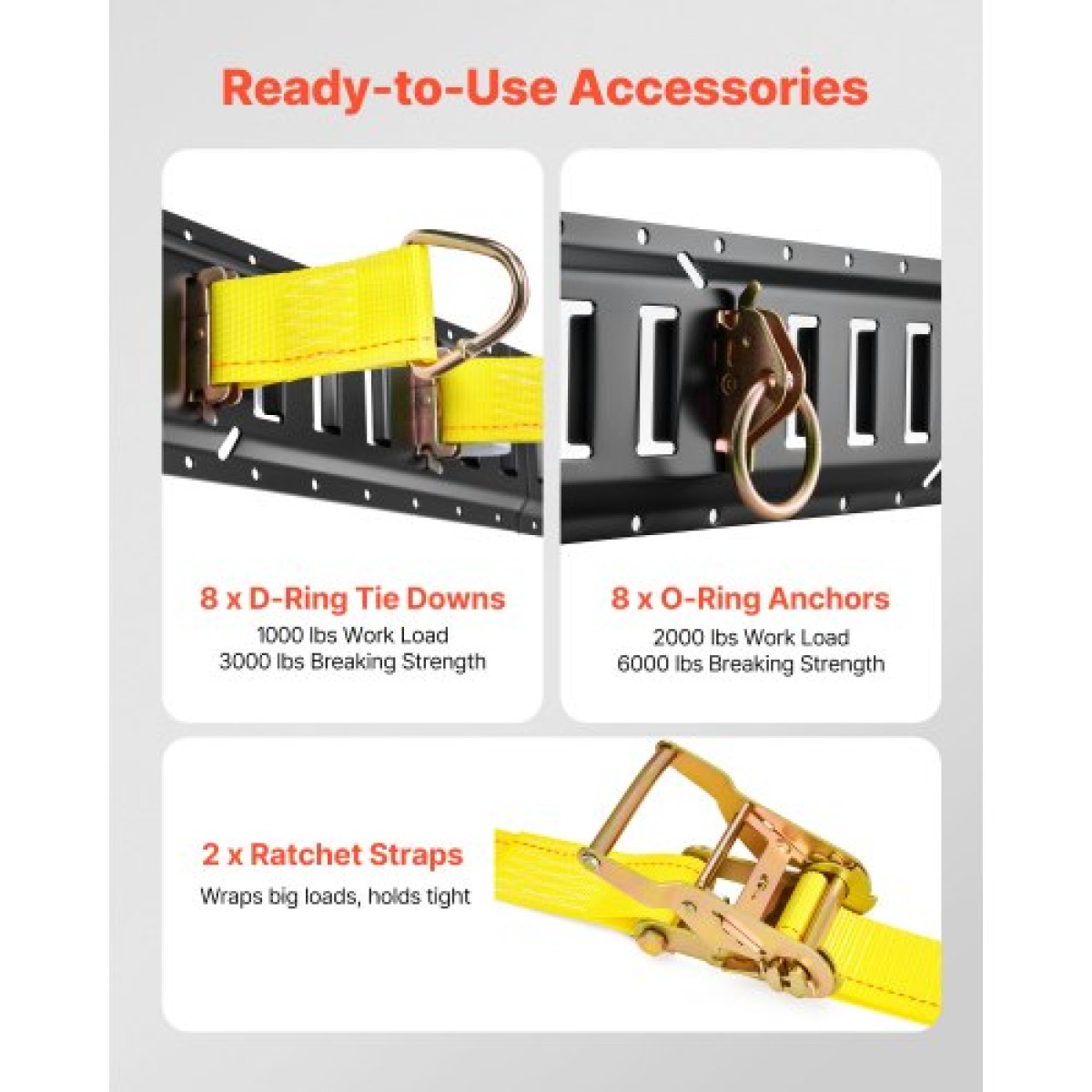 VEVOR E-Track Tie-Down Rail Kit, 8 Pack (1,5m+1,2m+0,6m+0,3m) E Track Rails, 36 τμχ Περιλαμβάνει 2 Ratchet Straps & 8 O-Rings & 8 Tie-Offs with D-Ring & 2 Single Endes for Vans & Filiters