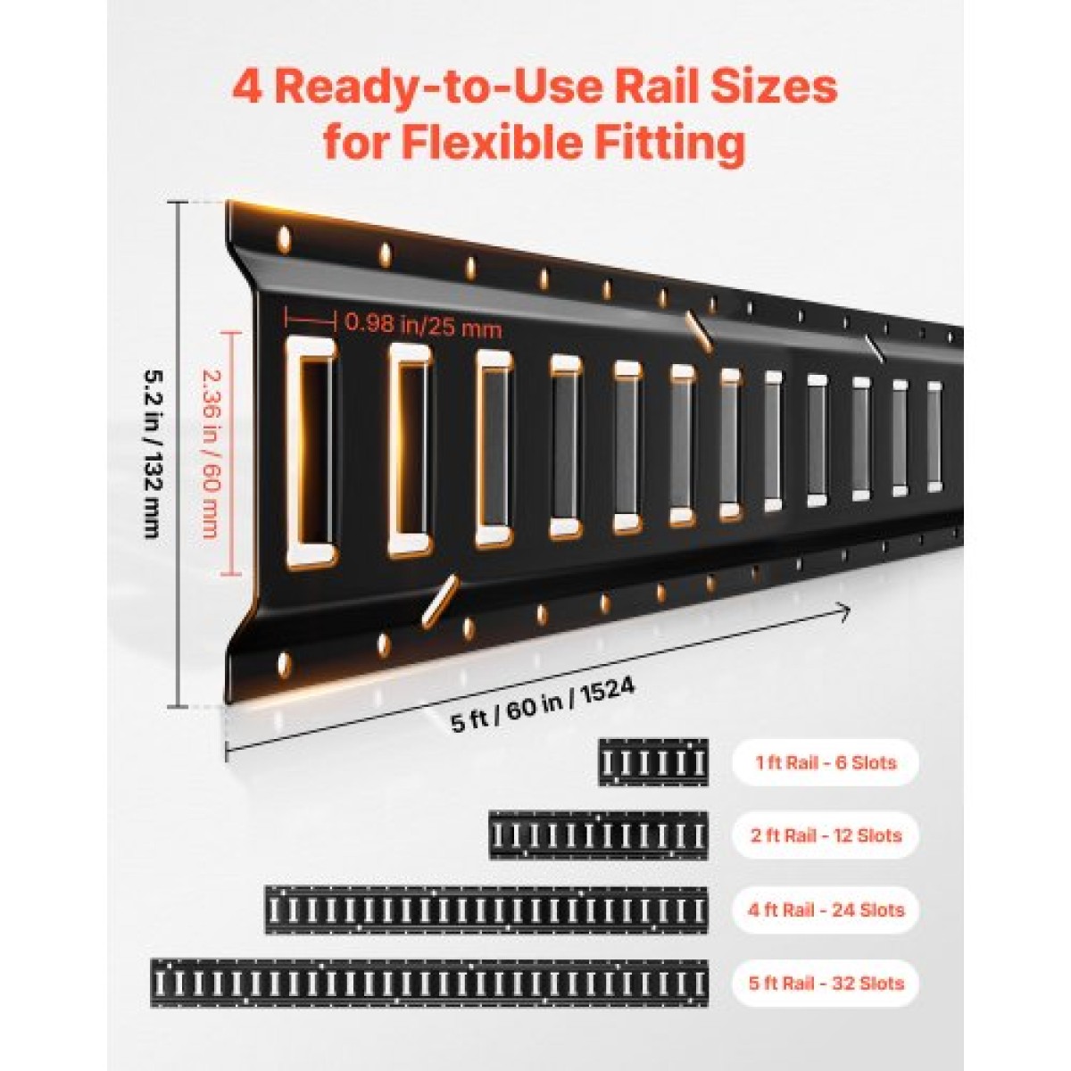 VEVOR E-Track Tie-Down Rail Kit, 8 Pack (1,5m+1,2m+0,6m+0,3m) E Track Rails, 36 τμχ Περιλαμβάνει 2 Ratchet Straps & 8 O-Rings & 8 Tie-Offs with D-Ring & 2 Single Endes for Vans & Filiters