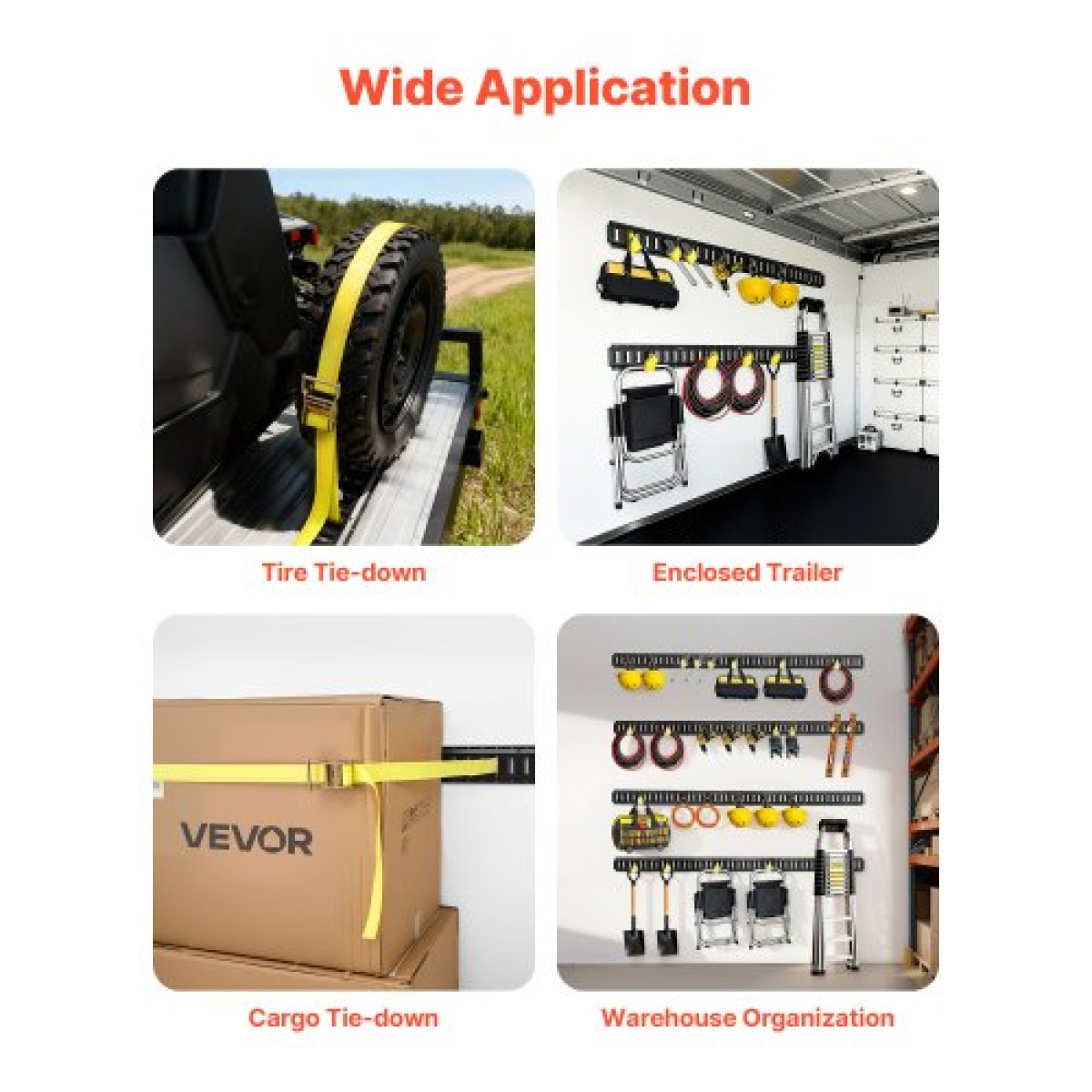 VEVOR E-Track Tie-Down Rail Kit, 8 Pack (1,5m+1,2m+0,6m+0,3m) E Track Rails, 36 τμχ Περιλαμβάνει 2 Ratchet Straps & 8 O-Rings & 8 Tie-Offs with D-Ring & 2 Single Endes for Vans & Filiters