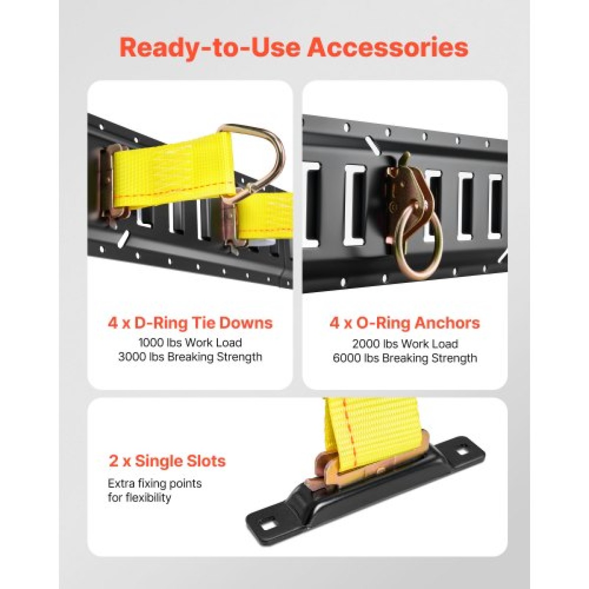 VEVOR E-Track Tie-Down Rail Kit, 4 Pack 0,4 m E Tracks Set, 21 τμχ Περιλαμβάνει 2 ιμάντες καστάνιας & 4 O-Rings & 4 Tie-Off με D-Ring & 2 μονές αυλακώσεις & 8 End Caps & 1 Bag, Fit for Garages Vans Trail