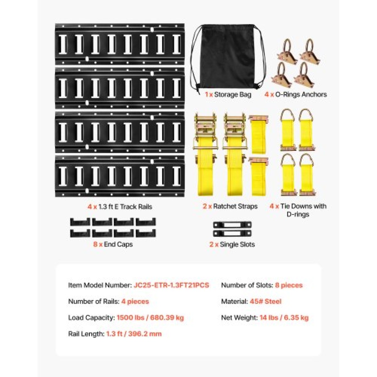 VEVOR E-Track Tie-Down Rail Kit, 4 Pack 0,4 m E Tracks Set, 21 τμχ Περιλαμβάνει 2 ιμάντες καστάνιας & 4 O-Rings & 4 Tie-Off με D-Ring & 2 μονές αυλακώσεις & 8 End Caps & 1 Bag, Fit for Garages Vans Trail