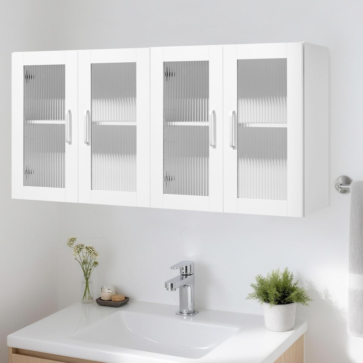 Ντουλάπι τοίχου VEVOR Laundry Room, Ντουλάπι τοίχου 2 επιπέδων με ρυθμιζόμενο ράφι, ντουλάπι αποθήκευσης με 4 πόρτες, για κουζίνα, μπάνιο, πλυντήριο ρούχων, σετ 2, έκαστο 30,5 x 61 x 61 cm (Β x Π x Υ), Λευκό