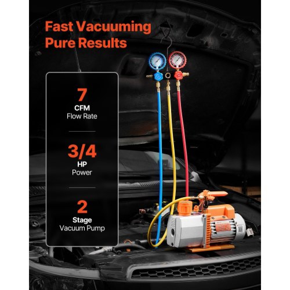 VEVOR AC Vacuum Pump and Gauge Set, 7 CFM 198 L/min, Two Stage Rotary Vane HVAC Vacuum Pump, A/C Manifold Gauge Kit, for R134a R22 R410a, with Leak Detector Carry Bag, for Auto HVAC Air Conditioning