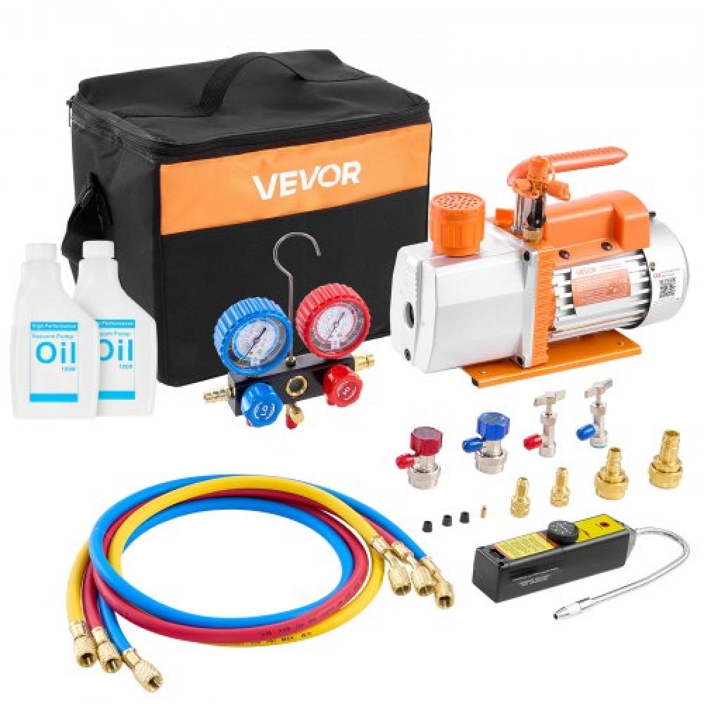 VEVOR AC Vacuum Pump and Gauge Set, 7 CFM 198 L/min, Two Stage Rotary Vane HVAC Vacuum Pump, A/C Manifold Gauge Kit, for R134a R22 R410a, with Leak Detector Carry Bag, for Auto HVAC Air Conditioning