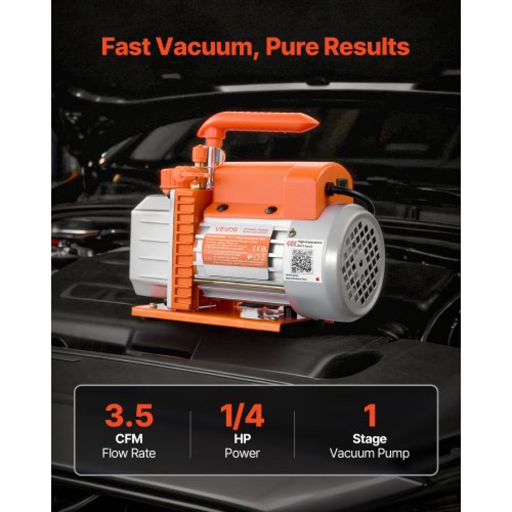 VEVOR Vacuum Pump, 3.5 CFM 99 L/min, HVAC Single Stage Rotary Vane AC Vacuum Pump, for R134a R22 R410a Systems, 4 Pole Motor, for Automotive Air Conditioner Maintenance Resin Degassing, Oil Included