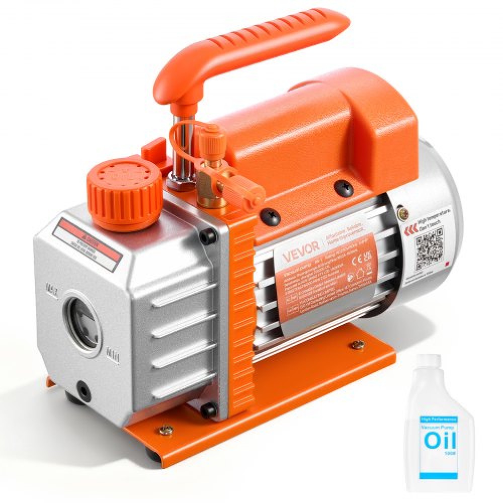 VEVOR Vacuum Pump, 3.5 CFM 99 L/min, HVAC Single Stage Rotary Vane AC Vacuum Pump, for R134a R22 R410a Systems, 4 Pole Motor, for Automotive Air Conditioner Maintenance Resin Degassing, Oil Included