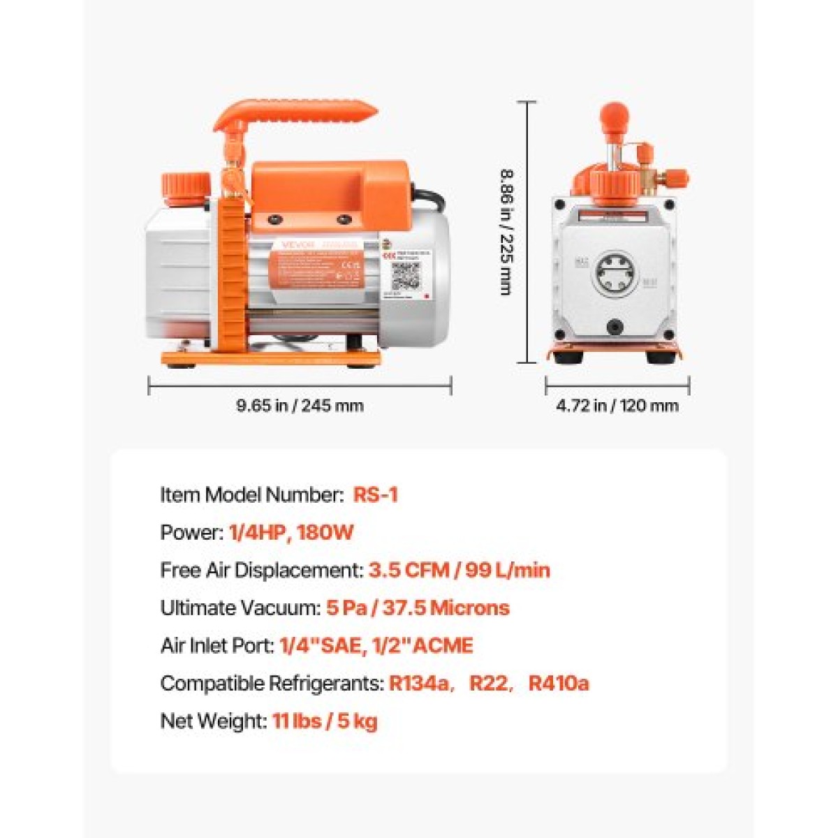 Αντλία κενού VEVOR, 3,5 CFM 99 L/min, Αντλία κενού εναλλασσόμενου ρεύματος με περιστροφικό πτερύγιο HVAC μονοβάθμιου, για συστήματα R134a R22 R410a, κινητήρας 4 πόλων, για συντήρηση κλιματιστικών αυτοκινήτων Απαέρωση ρητίνης, Περιλαμβάνεται λάδι