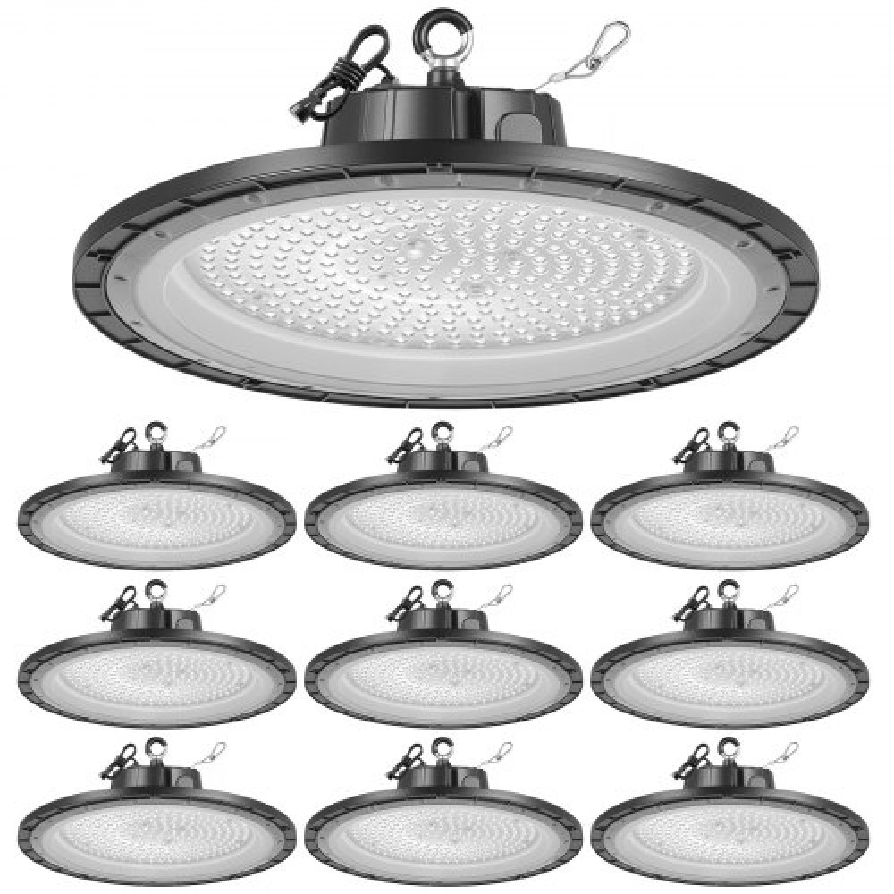 VEVOR 10 Pack LED High Bay Lights, 5000K 200W 30000LM Super Bright UFO LED Warehouse Lights, IP65 Waterproof, 100-277V Wide Voltage for Warehouse Workshop Factory Gym Garage Barn, Μαύρο