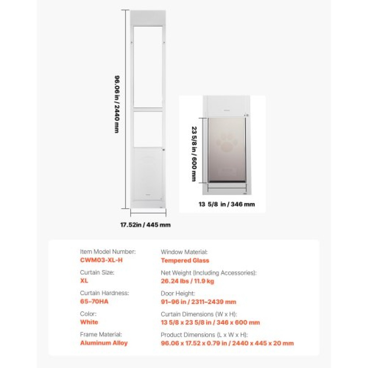 VEVOR Dog Dog Poor for Sliding Glass Door, 2311-2439 mm Ρυθμιζόμενο Ύψος, Σκελετός από κράμα αλουμινίου με μεταλλικούς περιστρεφόμενους μεντεσέδες, Σχέδιο ασφαλούς κλειδαριάς, 346 x 600 mm πτερύγιο, συρόμενη γυάλινη πόρτα για κατοικίδια για ενοικιαστές