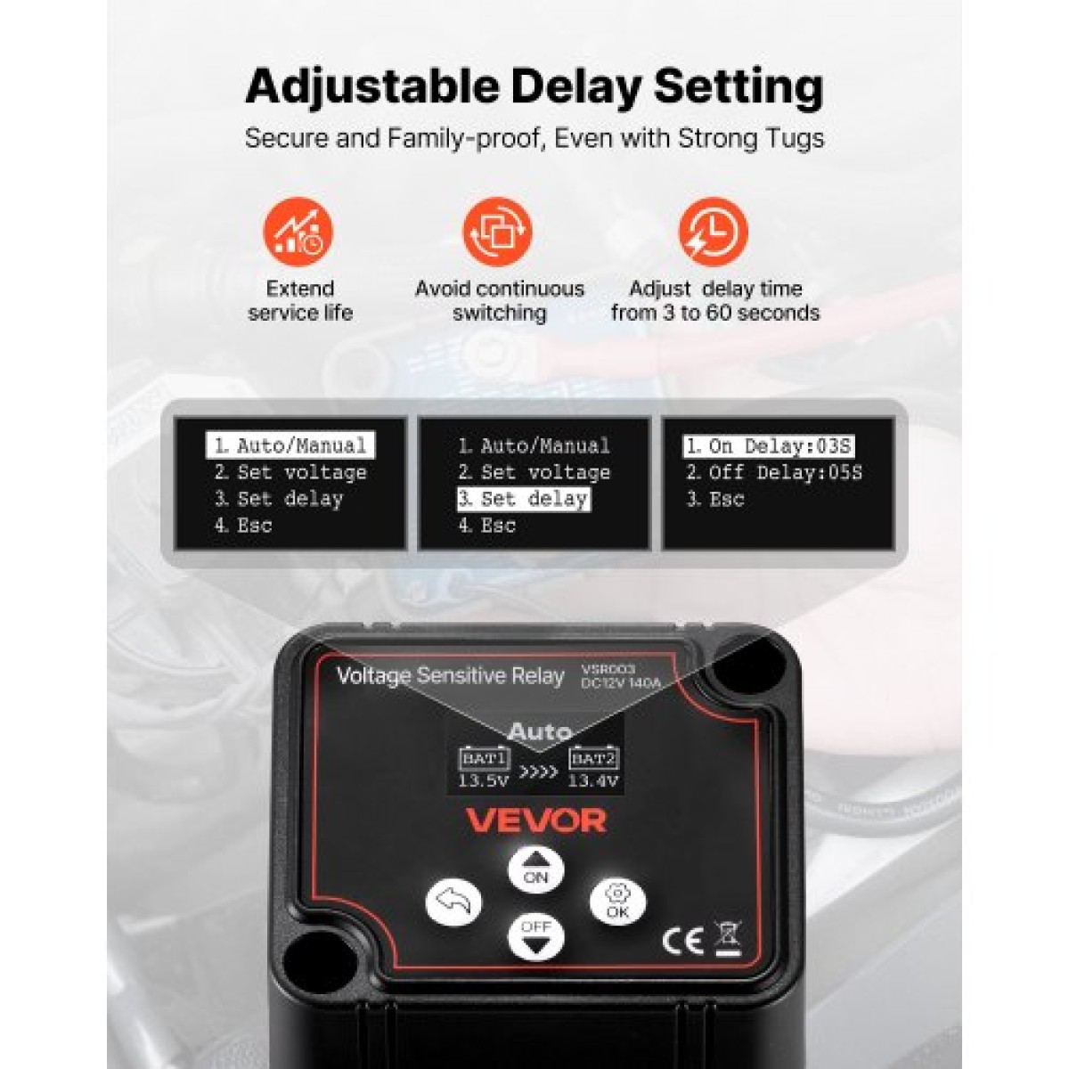 VEVOR Dual Battery Isolator, 12V 140 Amp, χειροκίνητο και αυτόματο VSR Voltage Sensitive Relay με οθόνη LCD, Smart Battery Isolator για μπαταρίες λιθίου και μολύβδου, για φορτηγό αυτοκινήτου RV UTV ATV Boat