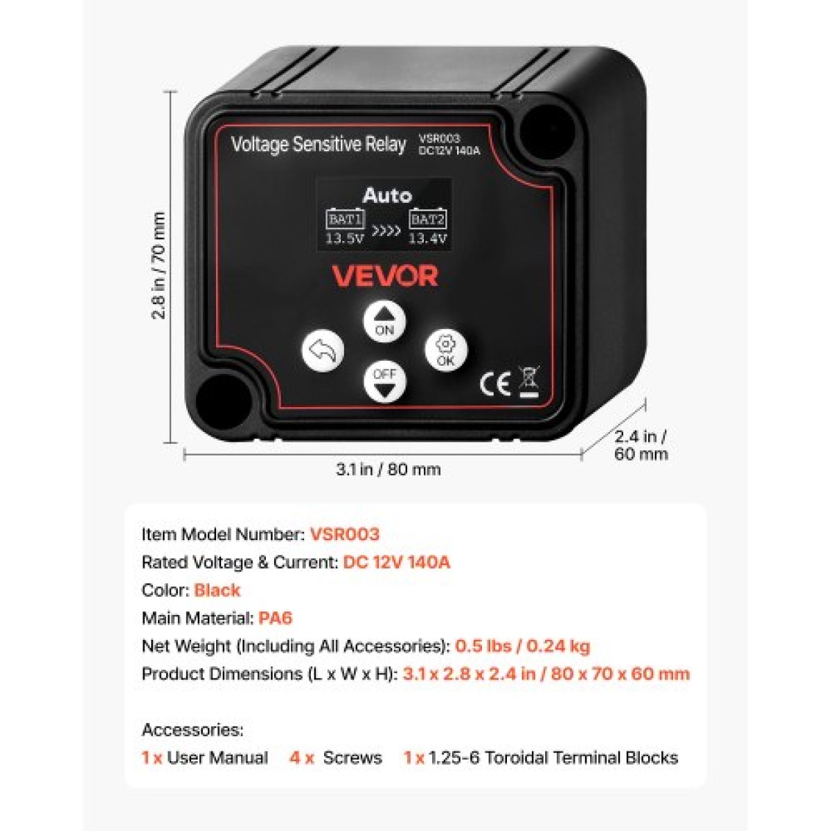 VEVOR Dual Battery Isolator, 12V 140 Amp, χειροκίνητο και αυτόματο VSR Voltage Sensitive Relay με οθόνη LCD, Smart Battery Isolator για μπαταρίες λιθίου και μολύβδου, για φορτηγό αυτοκινήτου RV UTV ATV Boat