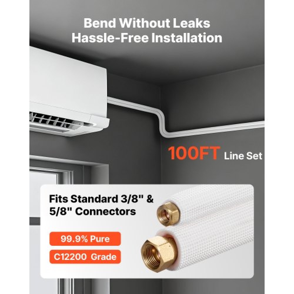 VEVOR 30,5m Mini Split Line Set, OD AC Copper Tubing Pipe, 3/8 White PE Thickened Insolated Coil with Flared Nuts, Strapping Tapes, for Mini Split Air Conditioner HVAC or Heat Pump System