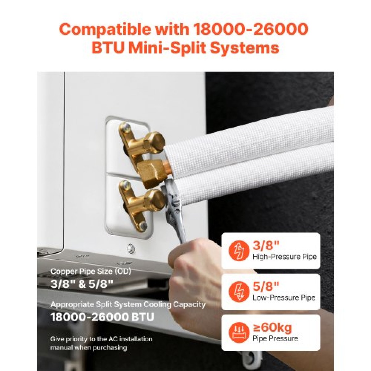VEVOR 30,5m Mini Split Line Set, OD AC Copper Tubing Pipe, 3/8 White PE Thickened Insolated Coil with Flared Nuts, Strapping Tapes, for Mini Split Air Conditioner HVAC or Heat Pump System