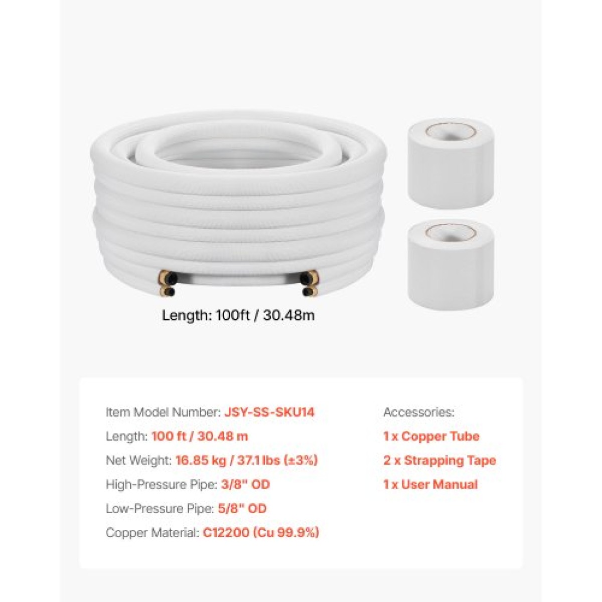 VEVOR 30,5m Mini Split Line Set, OD AC Copper Tubing Pipe, 3/8 White PE Thickened Insolated Coil with Flared Nuts, Strapping Tapes, for Mini Split Air Conditioner HVAC or Heat Pump System