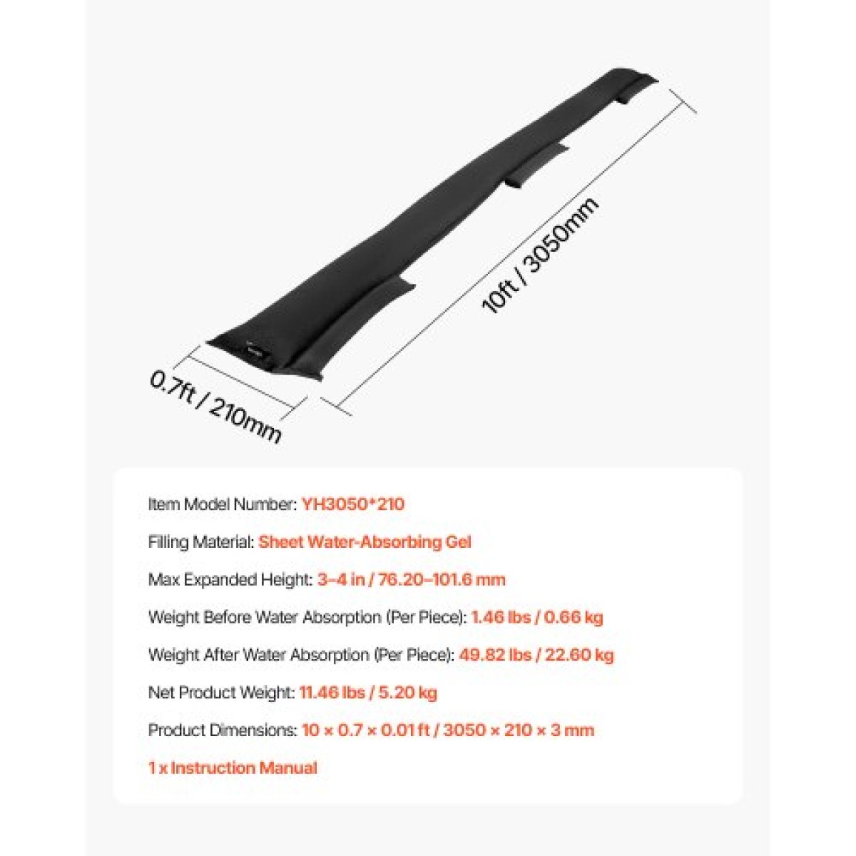 VEVOR Flood Barrier, 8 Pack, 3050 x 210 mm Flood Bags Activated by Water, επαναχρησιμοποιήσιμο φράγμα απορρόφησης νερού, απόφραξη σακουλών άμμου χωρίς άμμο, σάκοι πρόληψης πλημμύρας για σπίτι, πόρτα, υπόγειο, γκαράζ