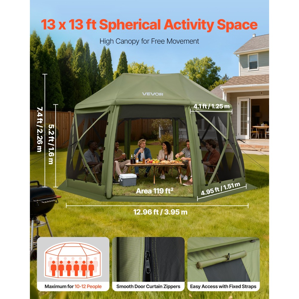 Σκηνή με οθόνη VEVOR Pop up Gazebo, 3,96 x 3,96 μ., 13 όψεων σφαιρική σκηνή με κουβούκλιο για κάμπινγκ με αφαιρούμενη κορυφή και τσάντα μεταφοράς, γρήγορη ρύθμιση και προστασία από δαγκώματα, προστατευτικό κάλυμμα ηλίου για 10-12 άτομα, πράσινο
