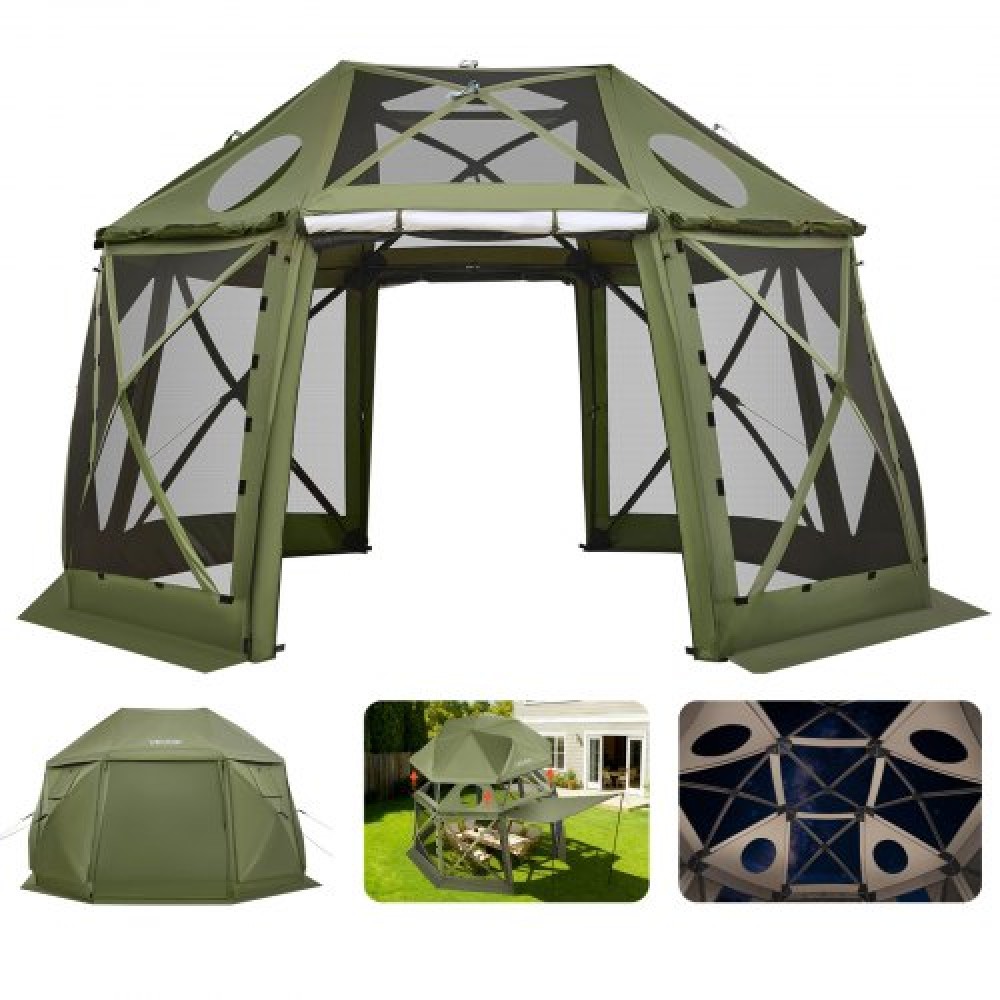 Σκηνή με οθόνη VEVOR Pop up Gazebo, 3,96 x 3,96 μ., 13 όψεων σφαιρική σκηνή με κουβούκλιο για κάμπινγκ με αφαιρούμενη κορυφή και τσάντα μεταφοράς, γρήγορη ρύθμιση και προστασία από δαγκώματα, προστατευτικό κάλυμμα ηλίου για 10-12 άτομα, πράσινο