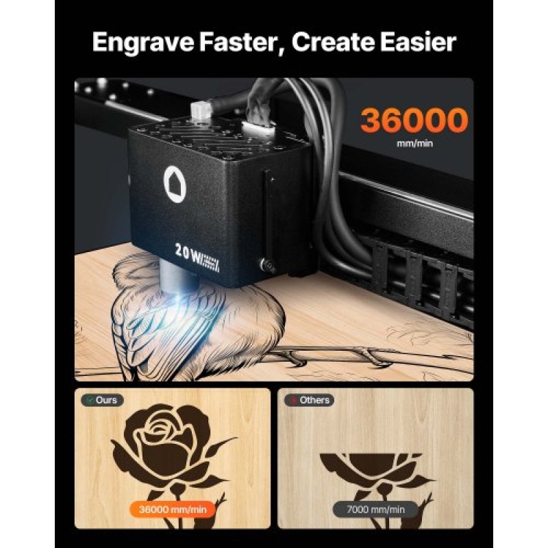 VEVOR Laser Engraver, 20W, Μηχάνημα χάραξης και κοπής με λέιζερ με κάμερα περιβλήματος, κόφτης λέιζερ, 36000 mm/min, 500 x 320 mm Περιοχή εργασίας, για ξύλο, δέρμα, γυαλί, χαρτί, ορισμένα μέταλλα, Κλάση 1