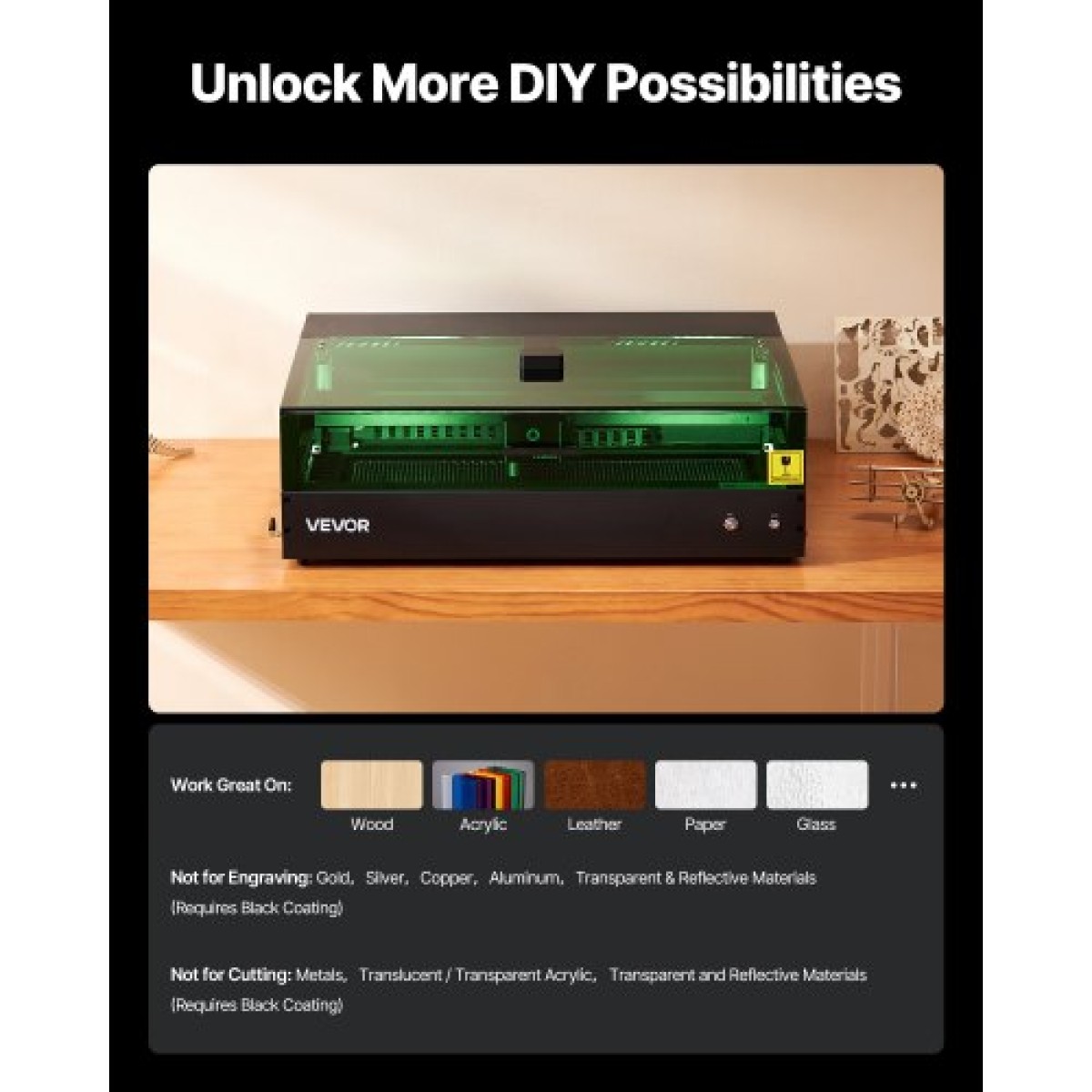 VEVOR Laser Engraver, 20W, Μηχάνημα χάραξης και κοπής με λέιζερ με κάμερα περιβλήματος, κόφτης λέιζερ, 36000 mm/min, 500 x 320 mm Περιοχή εργασίας, για ξύλο, δέρμα, γυαλί, χαρτί, ορισμένα μέταλλα, Κλάση 1