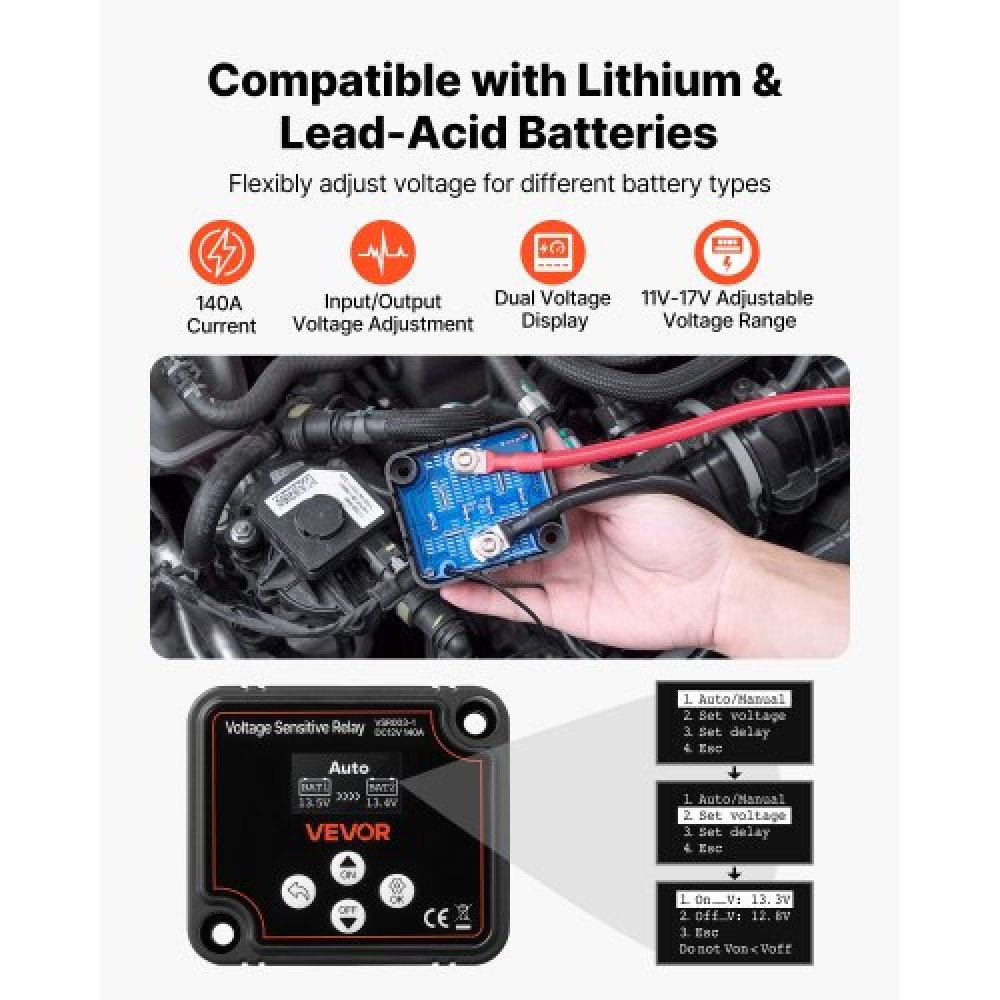 VEVOR Dual Battery Isolator Kit, 12V 140 Amp 13,3 mm² (6 AWG), χειροκίνητο και αυτόματο VSR Voltage Sensitive Relay με βολτόμετρο, οθόνη LCD, Smart Battery Isolator, Συμβατό με μπαταρίες λιθίου, για UTV, ATV