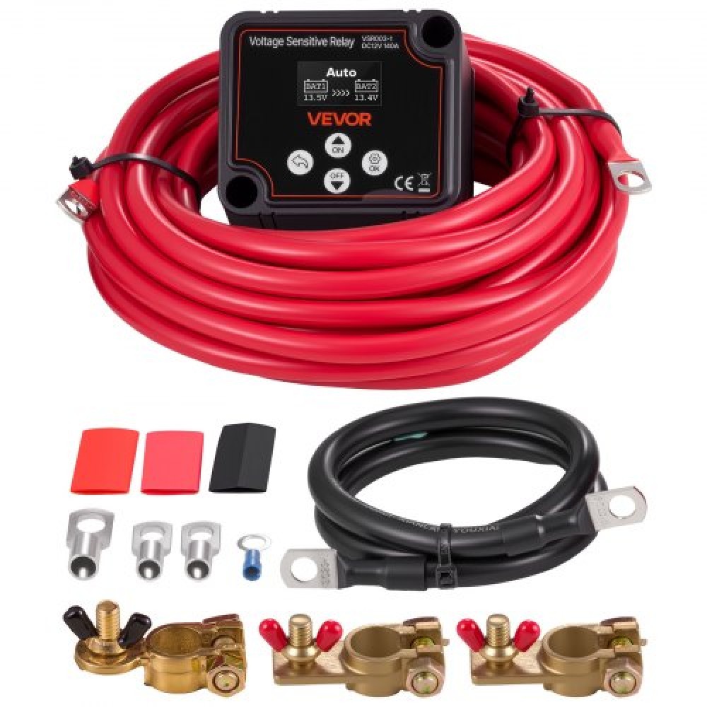 VEVOR Dual Battery Isolator Kit, 12V 140 Amp 13,3 mm² (6 AWG), χειροκίνητο και αυτόματο VSR Voltage Sensitive Relay με βολτόμετρο, οθόνη LCD, Smart Battery Isolator, Συμβατό με μπαταρίες λιθίου, για UTV, ATV