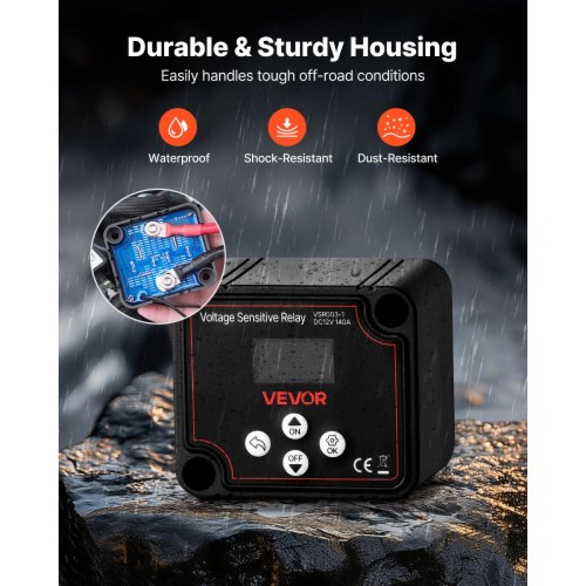 VEVOR Dual Battery Isolator Kit, 12V 140 Amp 13,3 mm² (6 AWG), χειροκίνητο και αυτόματο VSR Voltage Sensitive Relay με βολτόμετρο, οθόνη LCD, Smart Battery Isolator, Συμβατό με μπαταρίες λιθίου, για UTV, ATV