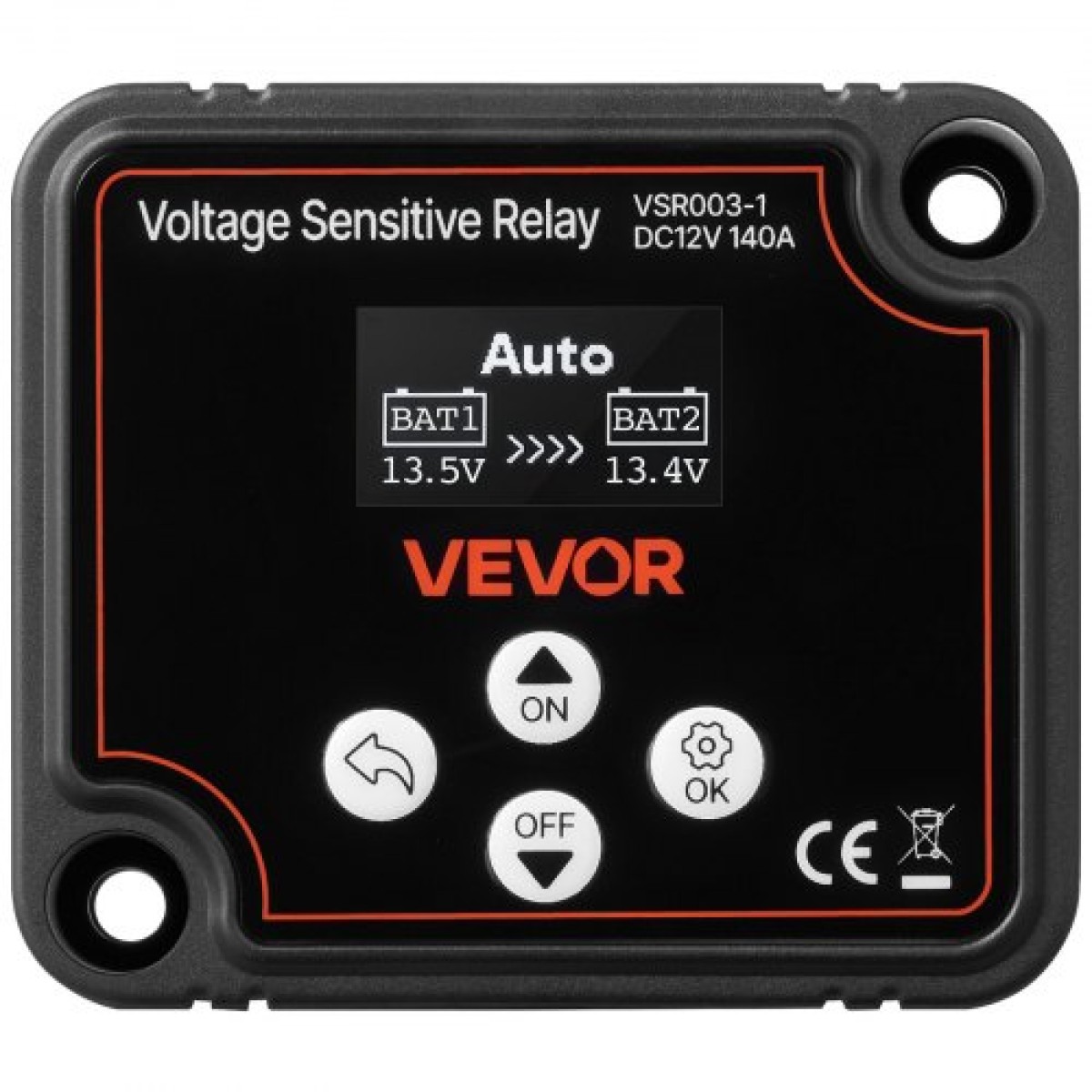 VEVOR Dual Battery Isolator Kit, 12V 140 Amp 13,3 mm² (6 AWG), χειροκίνητο και αυτόματο VSR Voltage Sensitive Relay με βολτόμετρο, οθόνη LCD, Smart Battery Isolator, Συμβατό με μπαταρίες λιθίου, για UTV, ATV