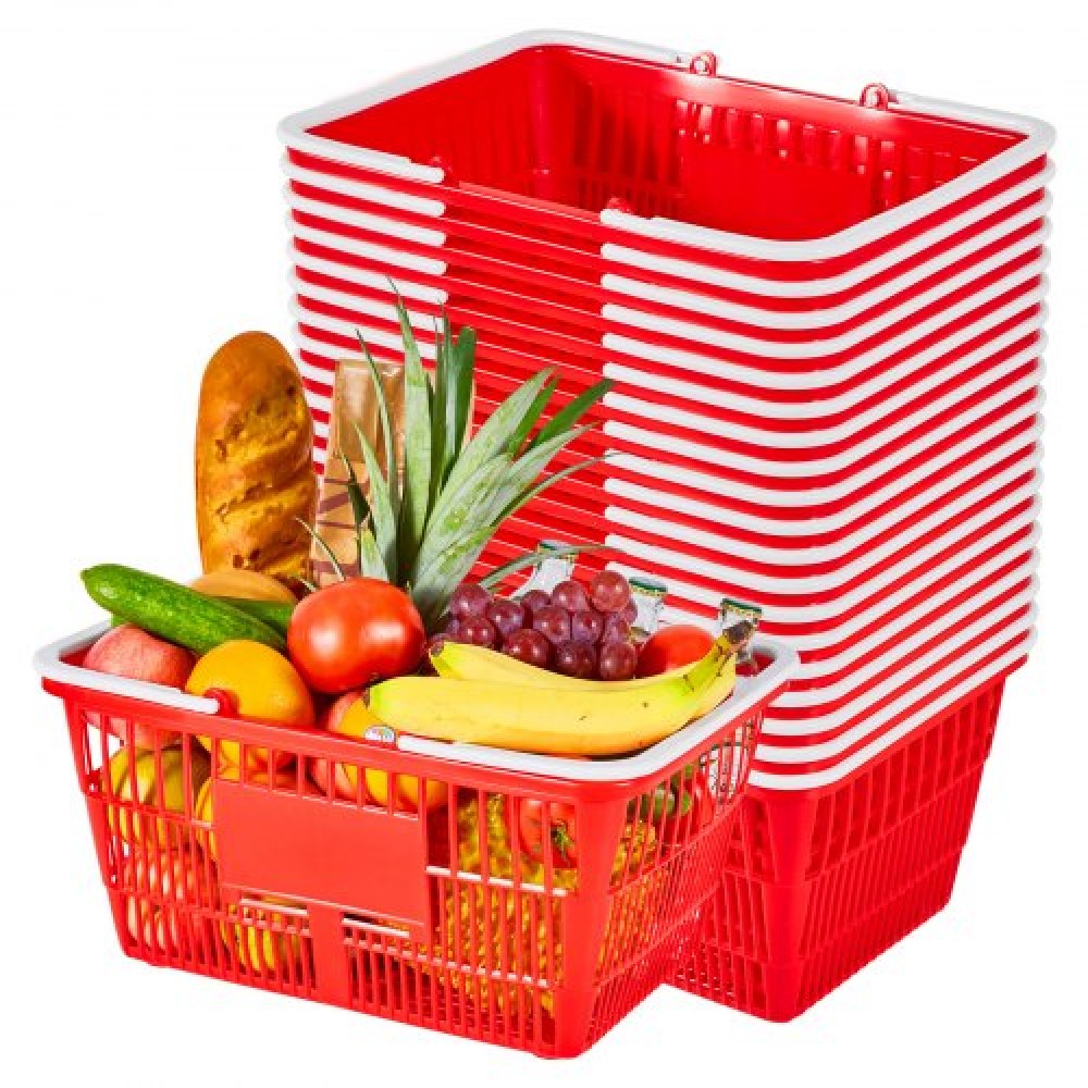 VEVOR Shopping Baskets, 20 PCS, 21L Stackable PE Plastic Grocery Baskets with Handles, Dense Mesh Structure, Holds up to 9.07kg, Portable for Grocery, Retail, Stores, Supermarket, Home Use, Red