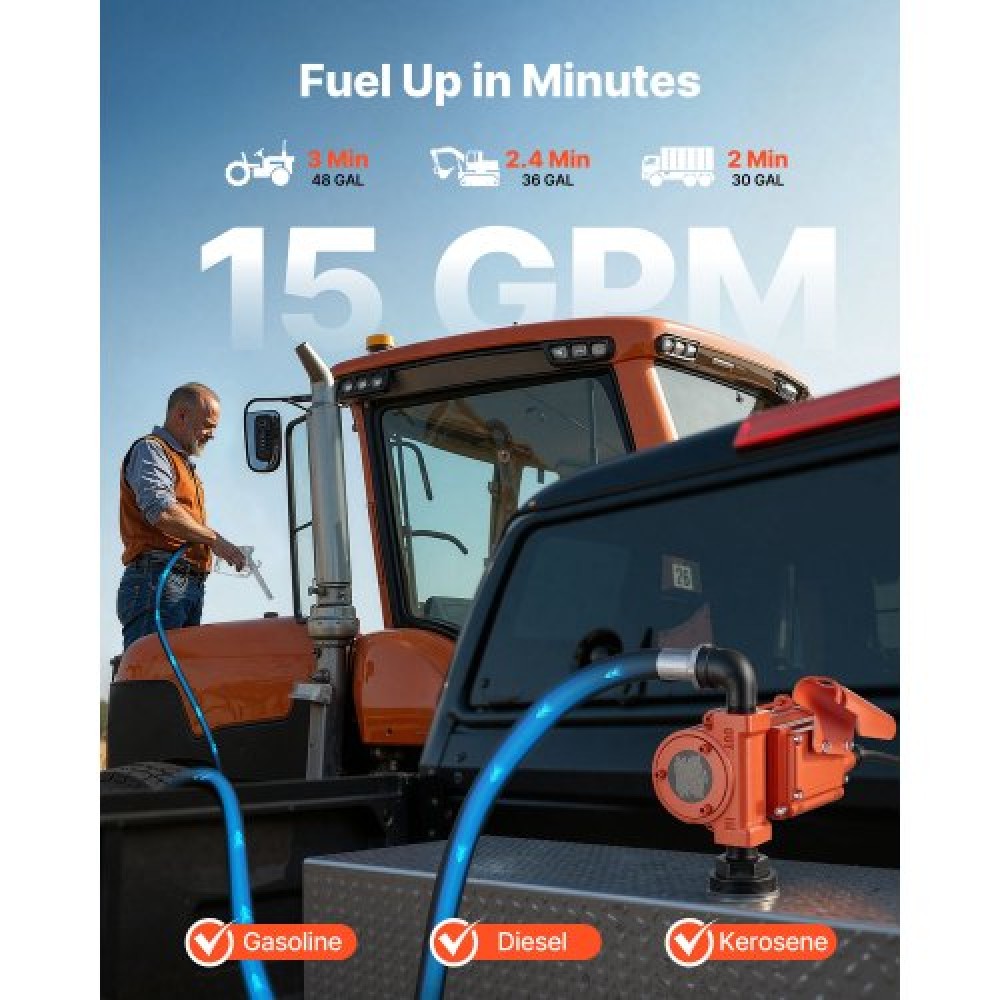 VEVOR Fuel Transfer Pump, 12V DC 57 L/min, Cast Iron Diesel Transfer Pump Kit, with Manual Nozzle, Discharge Hose, Overheat Protection, Power Cable, Explosion-Proof, for Gasoline, Diesel, Kerosene