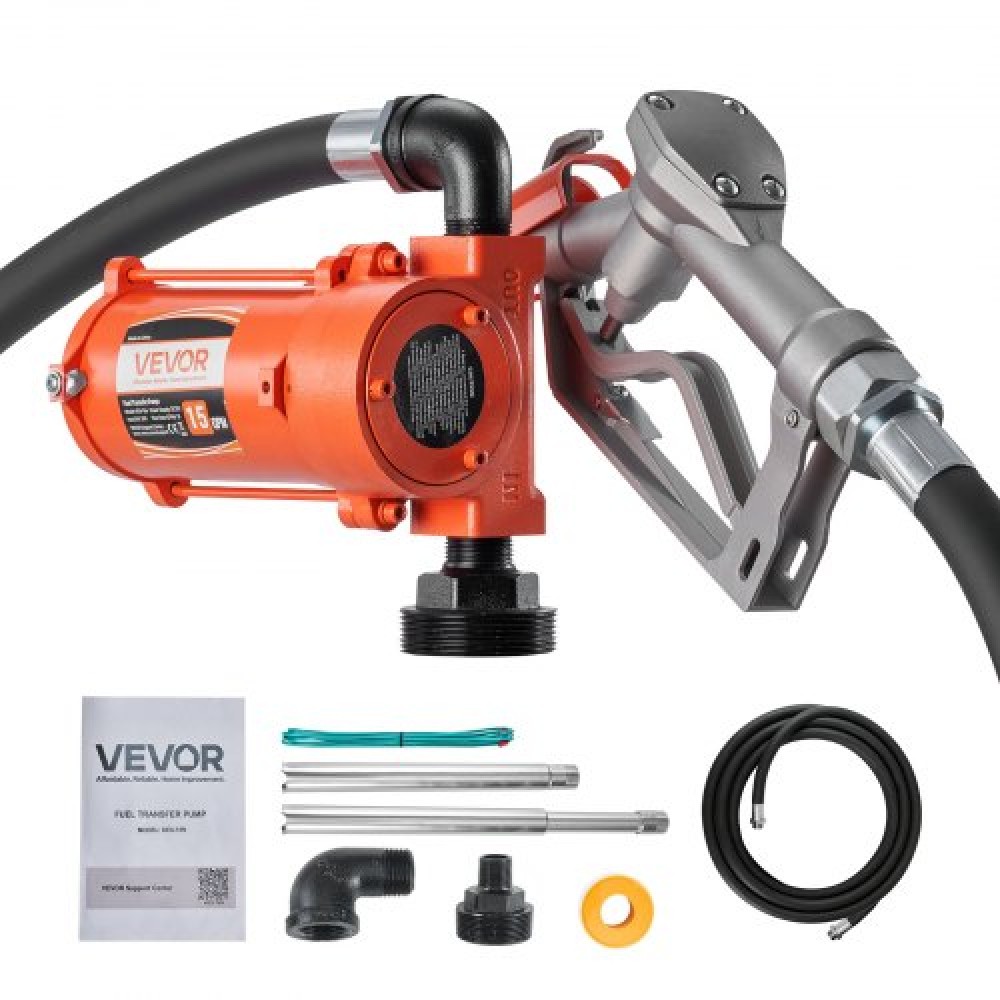 VEVOR Fuel Transfer Pump, 12V DC 57 L/min, Cast Iron Diesel Transfer Pump Kit, with Manual Nozzle, Discharge Hose, Overheat Protection, Power Cable, Explosion-Proof, for Gasoline, Diesel, Kerosene