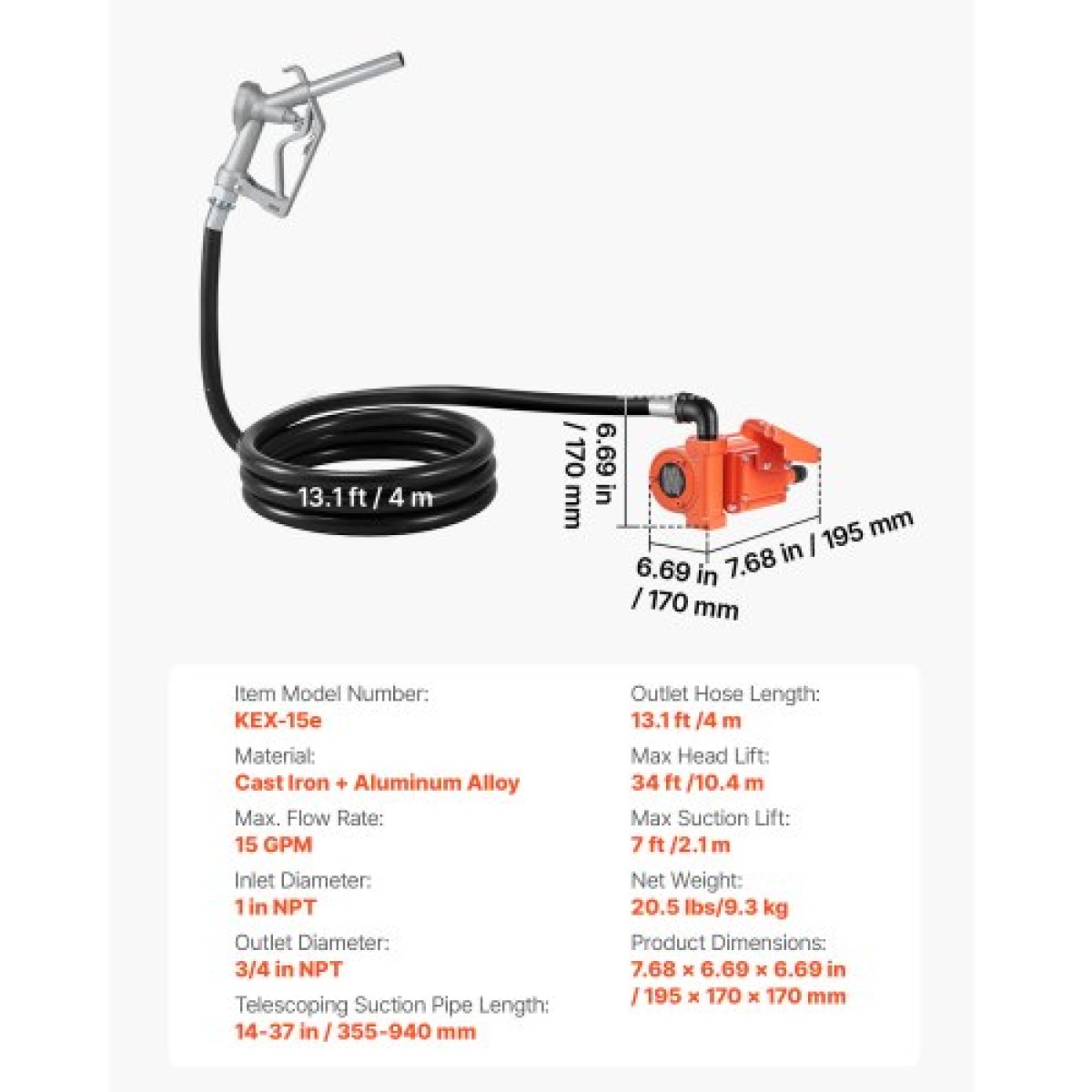 Αντλία μεταφοράς καυσίμου VEVOR, 12V DC 57 L/min, Κιτ αντλίας μεταφοράς ντίζελ από χυτοσίδηρο, με χειροκίνητο ακροφύσιο, σωλήνας εκκένωσης, προστασία υπερθέρμανσης, καλώδιο τροφοδοσίας, αντιεκρηκτικό, για βενζίνη, ντίζελ, κηροζίνη