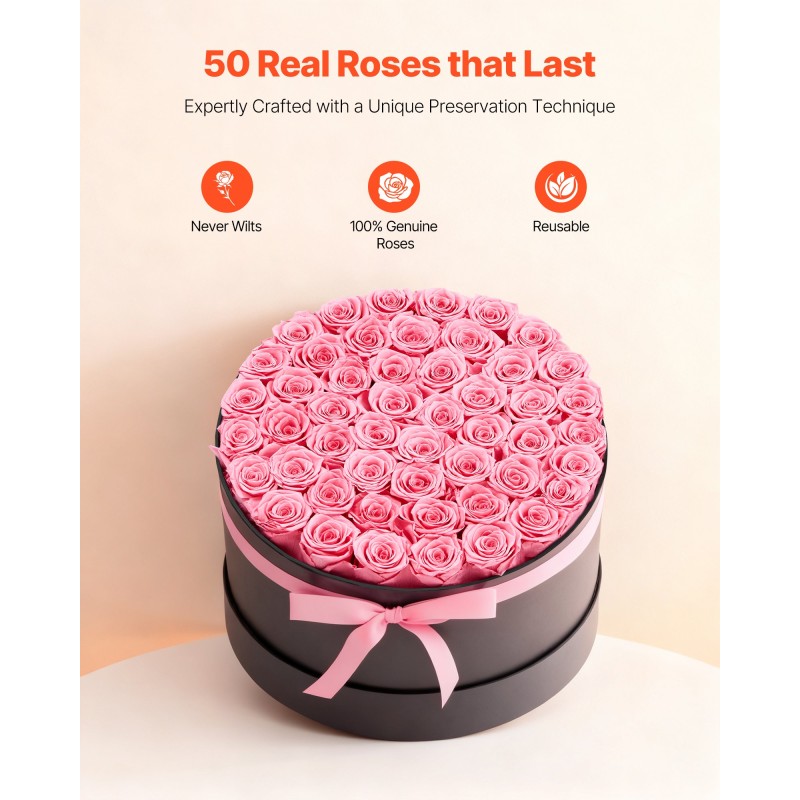 VEVOR Forever Flowers, 50 Conserved Roses in a Box, Eternal Flowers Immortal Bouquet Δώρο γενεθλίων για παράδοση Prime Women Her Wife Mothers, Επέτειος, Ημέρα του Αγίου Βαλεντίνου, Χριστούγεννα, Γλυκό ροζ