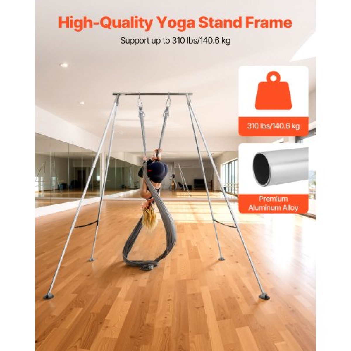 Πλαίσιο VEVOR Yoga Stand, Max 140,6 kg Load Swing Stand, Τριγωνική δομή Pull Up Stand, Εναέριες μεταξωτές βάσεις με ρυθμιζόμενο ύψος & πόδια πλαισίου αλουμινίου, μπάρα κορυφής από ανοξείδωτο χάλυβα