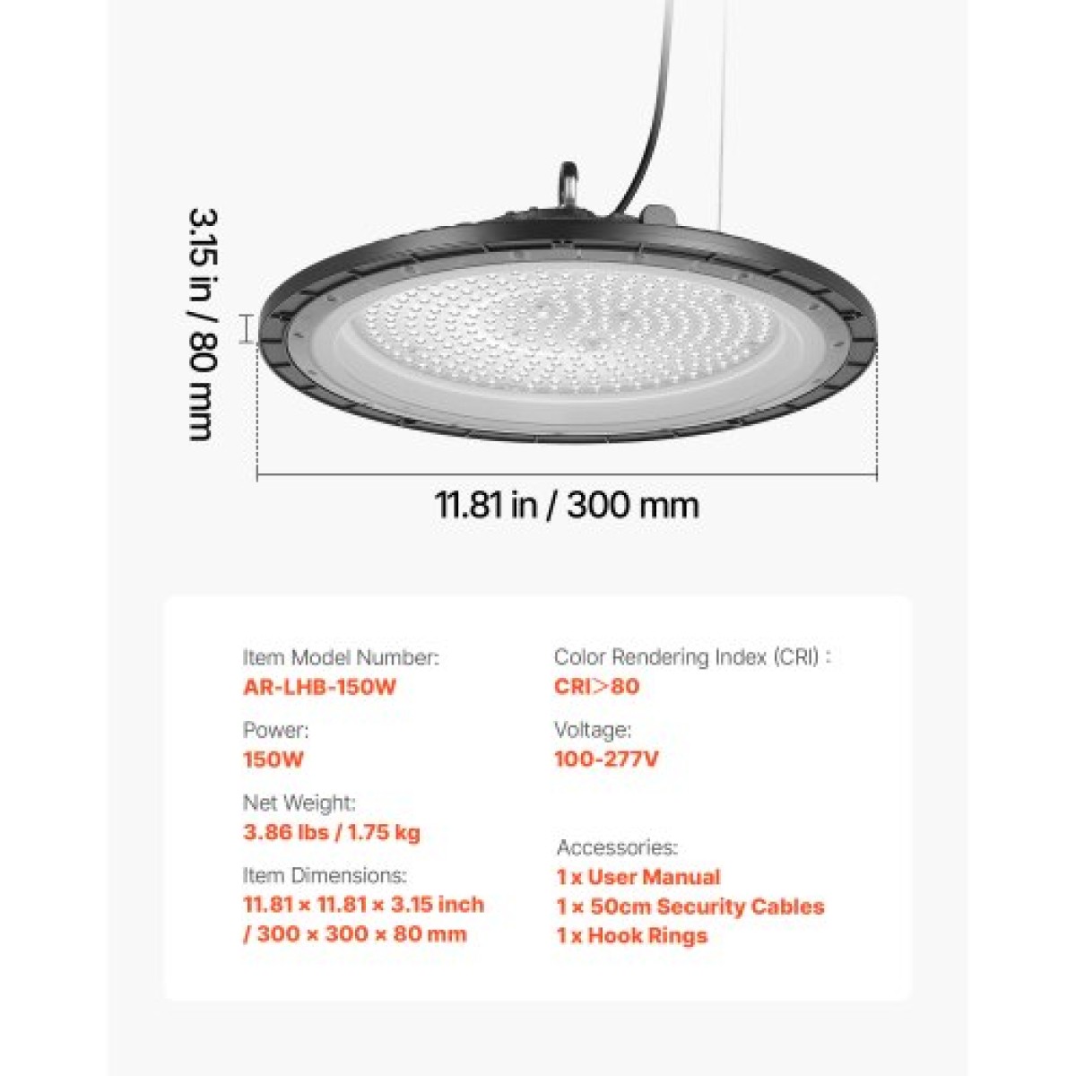 VEVOR 20 Pack LED High Bay Lights, 5000K 150W 21000LM Super Bright UFO LED Warehouse Lights, IP65 Waterproof, 100-277V Wide Voltage for Warehouse Workshop Factory Gym Garage Barn, Μαύρο