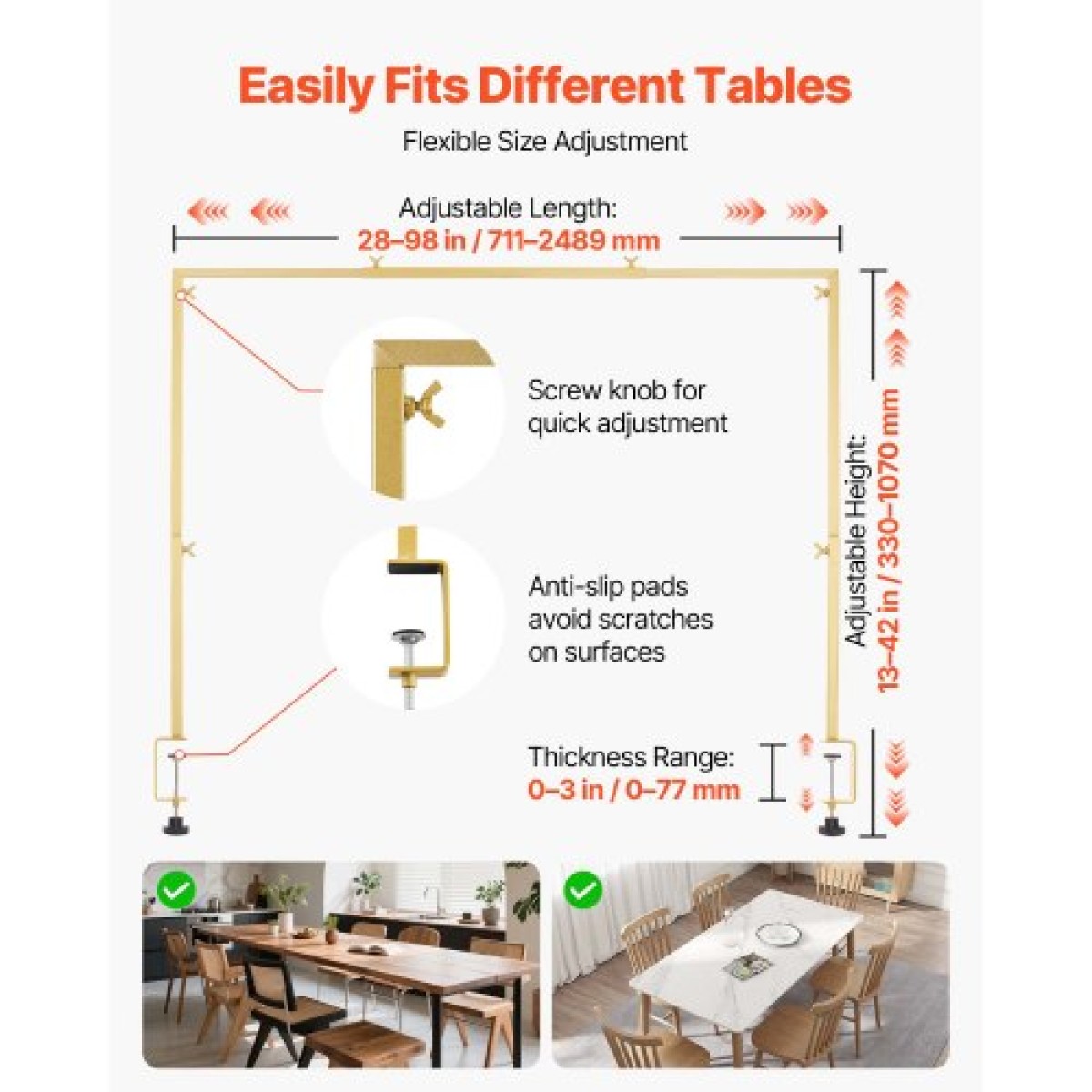 VEVOR Over the Table Rod Stand με σφιγκτήρες, Ρυθμιζόμενο Μήκος 71-249 cm & Ύψος 33-106 cm, Βάση Επιτραπέζιας Αψίδας με Floral Αξεσουάρ, Χρυσό Μπαλόνι Κορνίζα για Χριστουγεννιάτικο πάρτι γενεθλίων γάμου