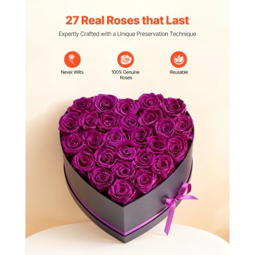 VEVOR Forever Flowers, 27 διατηρημένα τριαντάφυλλα σε κουτί σε σχήμα καρδιάς, Αιώνια λουλούδια Αθάνατη ανθοδέσμη Δώρο γενεθλίων για τις γυναίκες της γυναίκας της μητέρες, επέτειος, ημέρα του Αγίου Βαλεντίνου, Χριστούγεννα, Μωβ