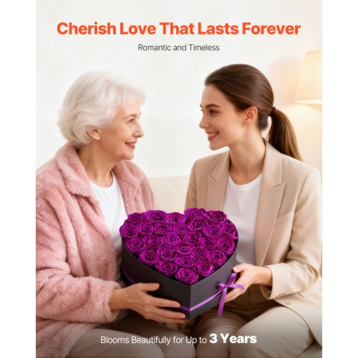 VEVOR Forever Flowers, 27 διατηρημένα τριαντάφυλλα σε κουτί σε σχήμα καρδιάς, Αιώνια λουλούδια Αθάνατη ανθοδέσμη Δώρο γενεθλίων για τις γυναίκες της γυναίκας της μητέρες, επέτειος, ημέρα του Αγίου Βαλεντίνου, Χριστούγεννα, Μωβ