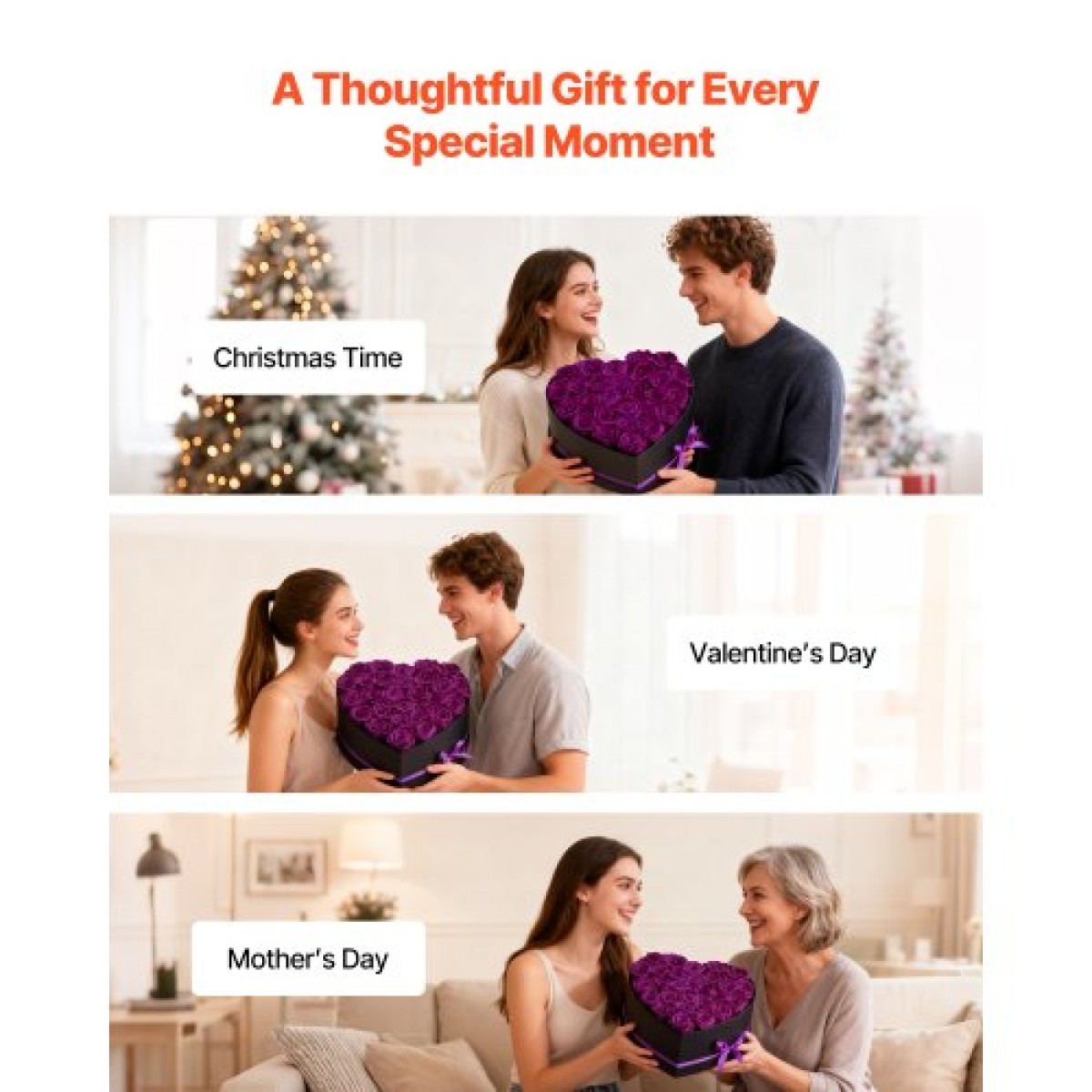 VEVOR Forever Flowers, 27 διατηρημένα τριαντάφυλλα σε κουτί σε σχήμα καρδιάς, Αιώνια λουλούδια Αθάνατη ανθοδέσμη Δώρο γενεθλίων για τις γυναίκες της γυναίκας της μητέρες, επέτειος, ημέρα του Αγίου Βαλεντίνου, Χριστούγεννα, Μωβ