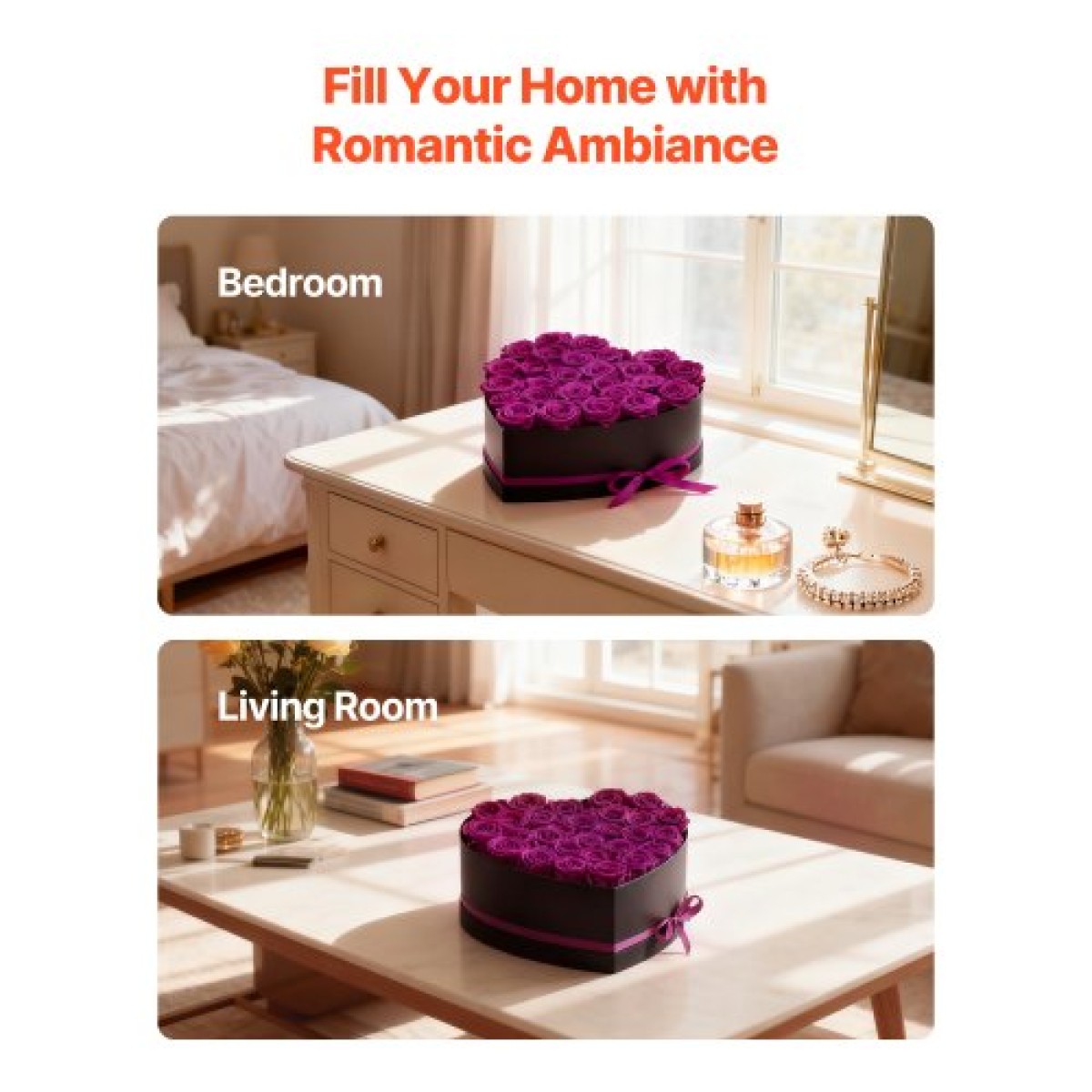 VEVOR Forever Flowers, 27 διατηρημένα τριαντάφυλλα σε κουτί σε σχήμα καρδιάς, Αιώνια λουλούδια Αθάνατη ανθοδέσμη Δώρο γενεθλίων για τις γυναίκες της γυναίκας της μητέρες, επέτειος, ημέρα του Αγίου Βαλεντίνου, Χριστούγεννα, Μωβ
