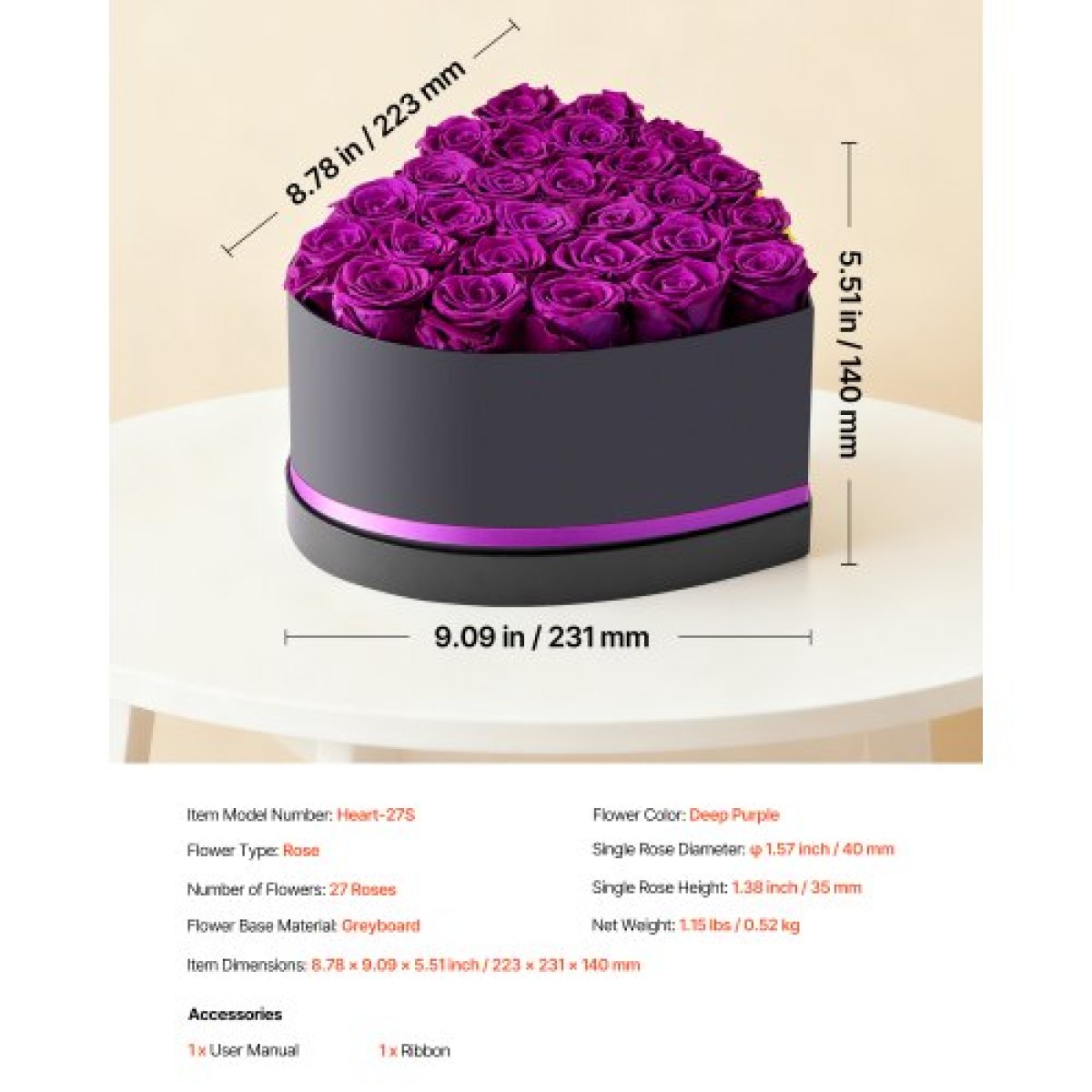 VEVOR Forever Flowers, 27 διατηρημένα τριαντάφυλλα σε κουτί σε σχήμα καρδιάς, Αιώνια λουλούδια Αθάνατη ανθοδέσμη Δώρο γενεθλίων για τις γυναίκες της γυναίκας της μητέρες, επέτειος, ημέρα του Αγίου Βαλεντίνου, Χριστούγεννα, Μωβ