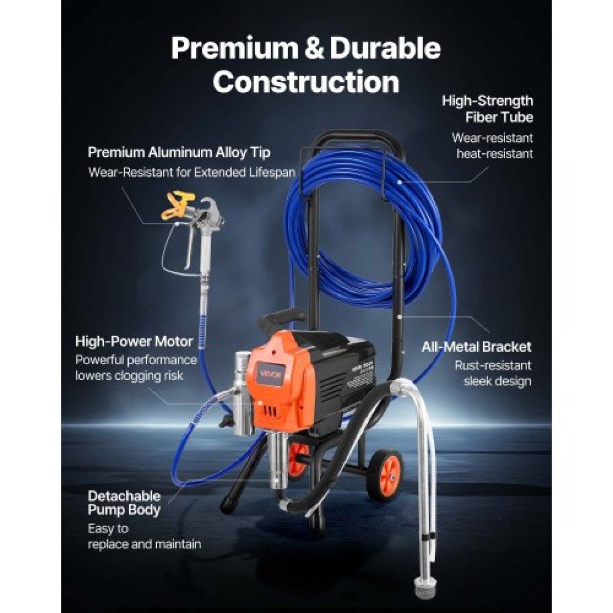Ψεκαστήρας βαφής VEVOR Stand Airless, 1500W, 3300PSI Ψεκαστήρας χωρίς αέρα υψηλής πίεσης με καρότσι, βούρτσα καθαρισμού, σωλήνας, ράβδο προέκτασης, ακροφύσια, Ηλεκτρική μηχανή ψεκασμού βαφής για μεγάλα διαμερίσματα, κτίρια