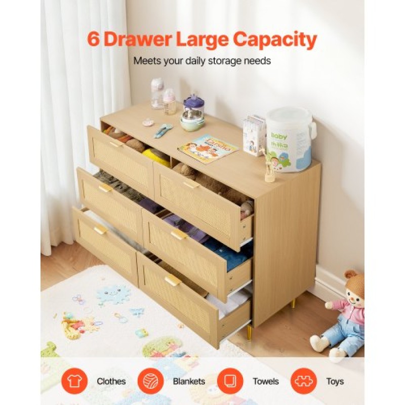 VEVOR 6 Συρταριέρα Rattan Dresser, Διπλό συρταριέρα για Υπνοδωμάτιο, Natural Rattan Συρταριέρα με μεταλλικές λαβές & πόδια, μοντέρνα ξύλινη συρταριέρα ρούχων & αποθήκευση για υπνοδωμάτιο, σαλόνι, διάδρομος