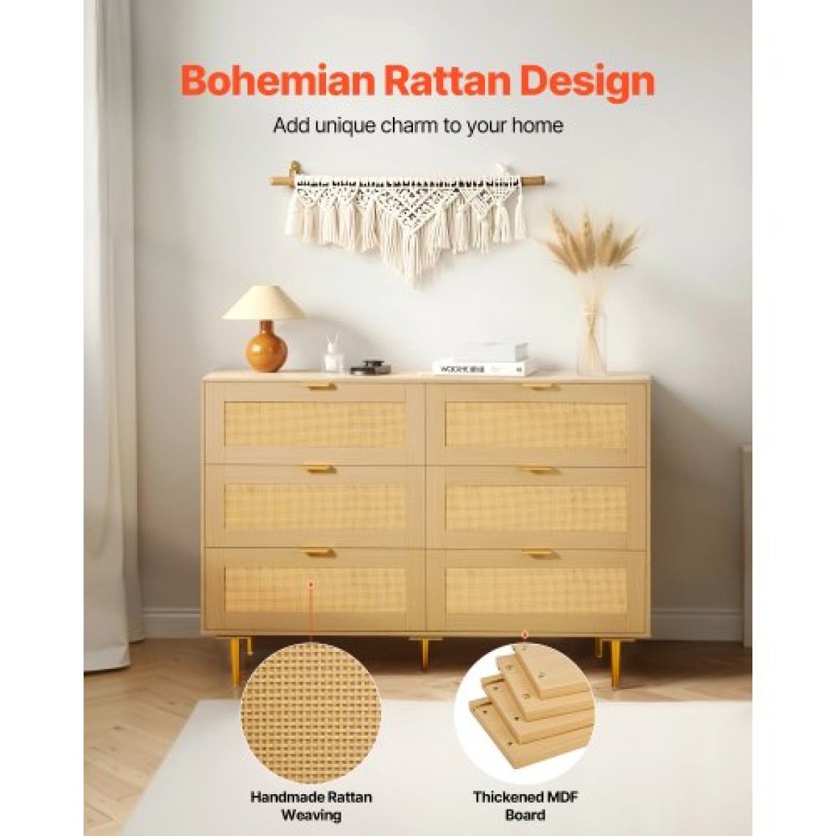 VEVOR 6 Συρταριέρα Rattan Dresser, Διπλό συρταριέρα για Υπνοδωμάτιο, Natural Rattan Συρταριέρα με μεταλλικές λαβές & πόδια, μοντέρνα ξύλινη συρταριέρα ρούχων & αποθήκευση για υπνοδωμάτιο, σαλόνι, διάδρομος