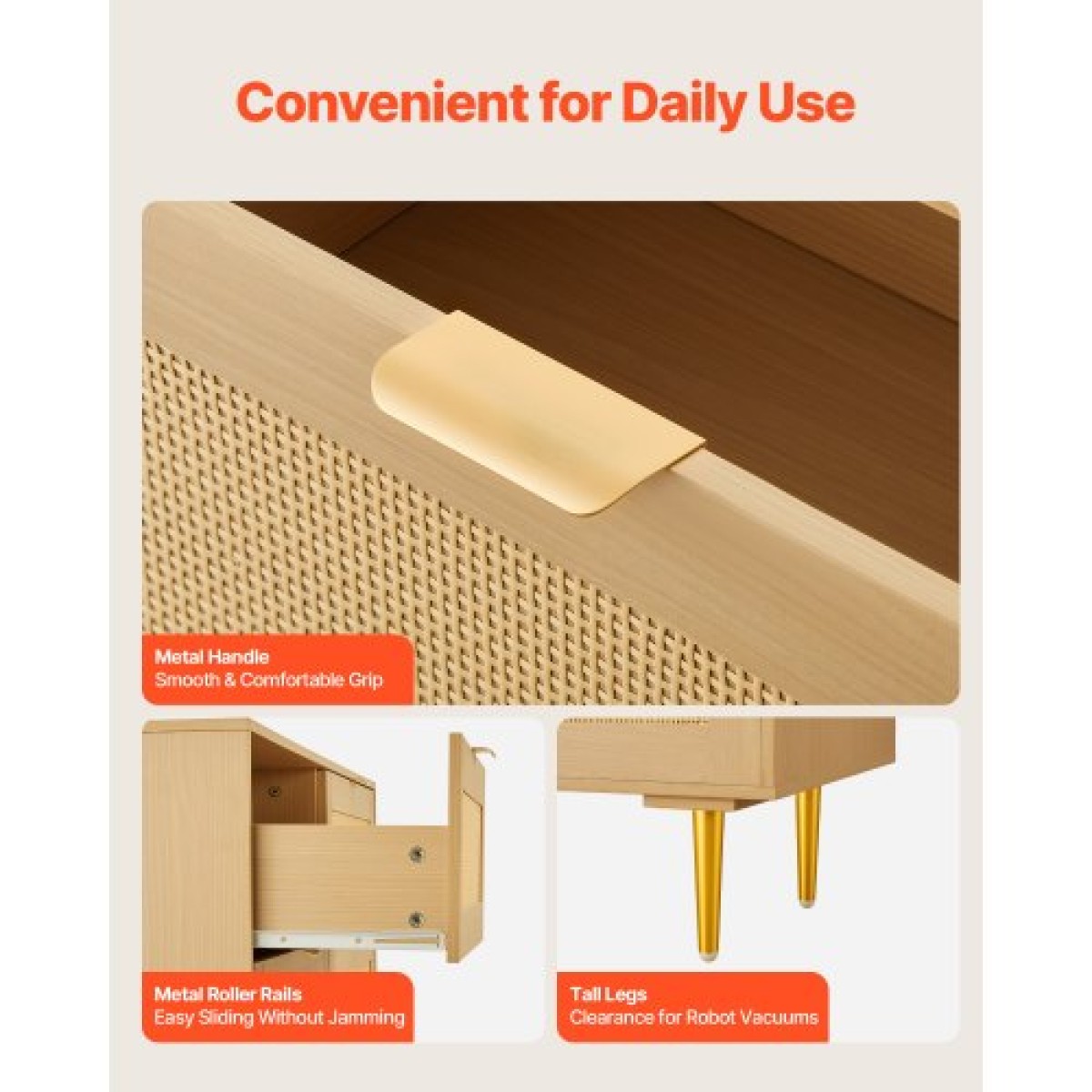 VEVOR 6 Συρταριέρα Rattan Dresser, Διπλό συρταριέρα για Υπνοδωμάτιο, Natural Rattan Συρταριέρα με μεταλλικές λαβές & πόδια, μοντέρνα ξύλινη συρταριέρα ρούχων & αποθήκευση για υπνοδωμάτιο, σαλόνι, διάδρομος