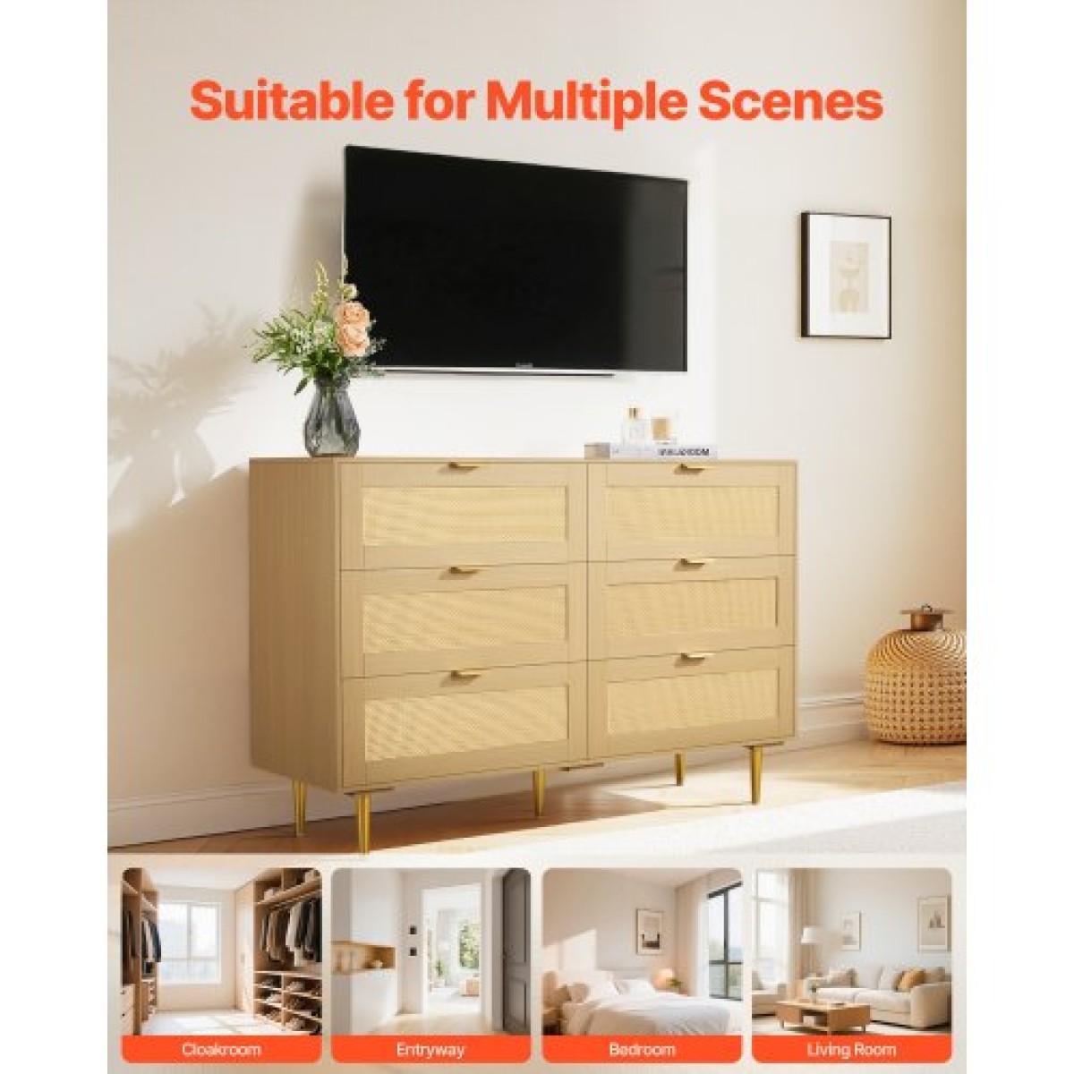 VEVOR 6 Συρταριέρα Rattan Dresser, Διπλό συρταριέρα για Υπνοδωμάτιο, Natural Rattan Συρταριέρα με μεταλλικές λαβές & πόδια, μοντέρνα ξύλινη συρταριέρα ρούχων & αποθήκευση για υπνοδωμάτιο, σαλόνι, διάδρομος