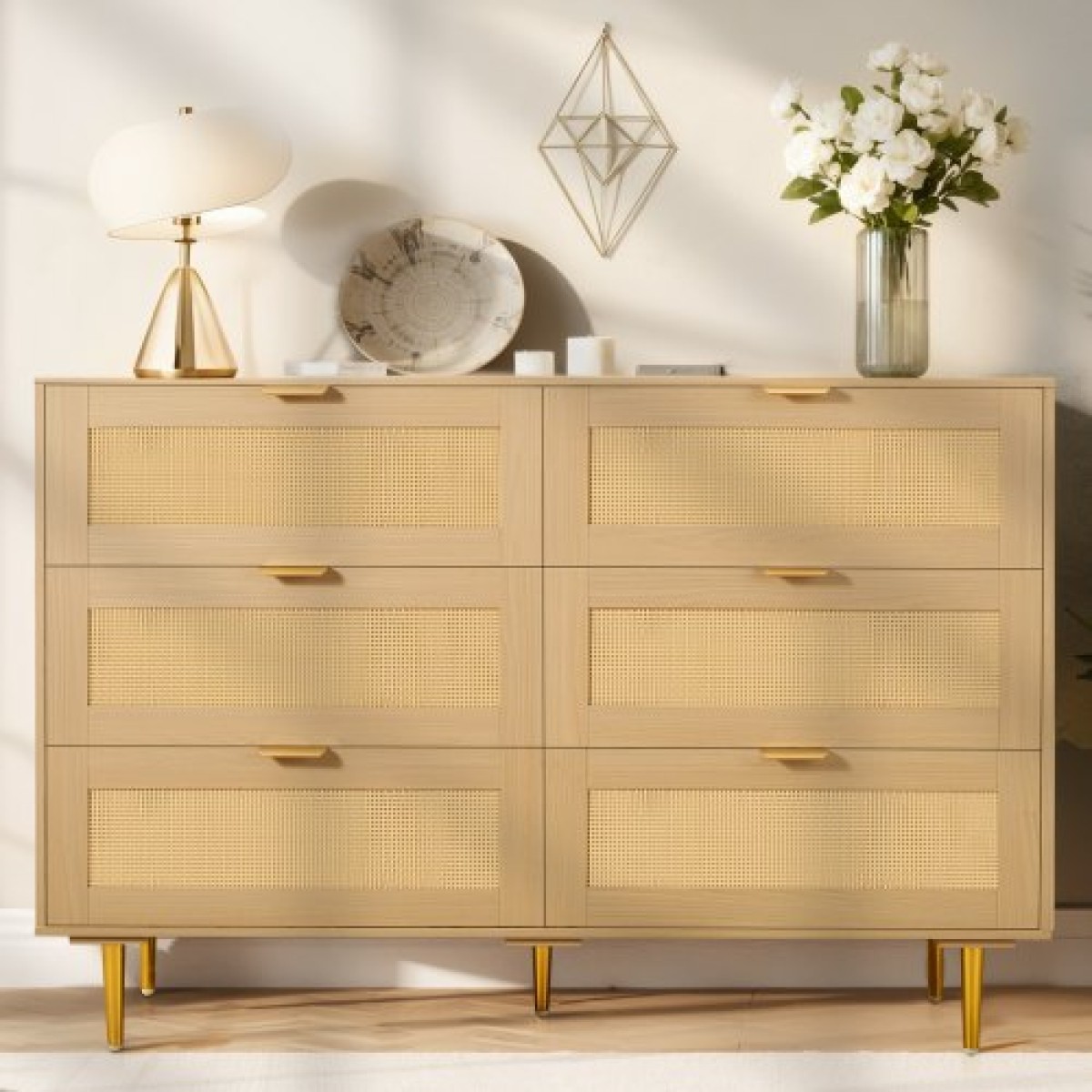 VEVOR 6 Συρταριέρα Rattan Dresser, Διπλό συρταριέρα για Υπνοδωμάτιο, Natural Rattan Συρταριέρα με μεταλλικές λαβές & πόδια, μοντέρνα ξύλινη συρταριέρα ρούχων & αποθήκευση για υπνοδωμάτιο, σαλόνι, διάδρομος
